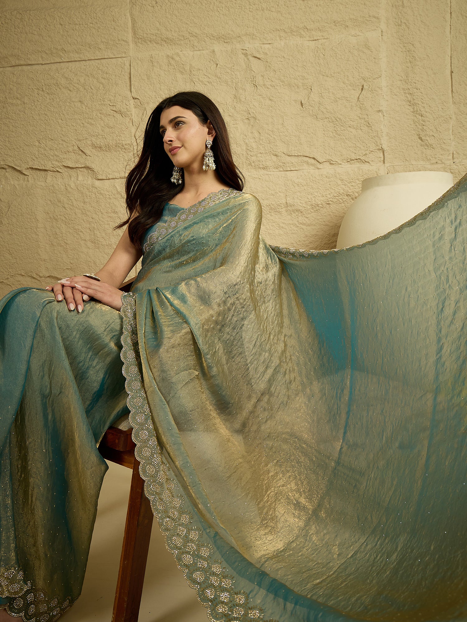 Women's Satin Silk Metallic Embellished Designer Saree With Blouse Piece