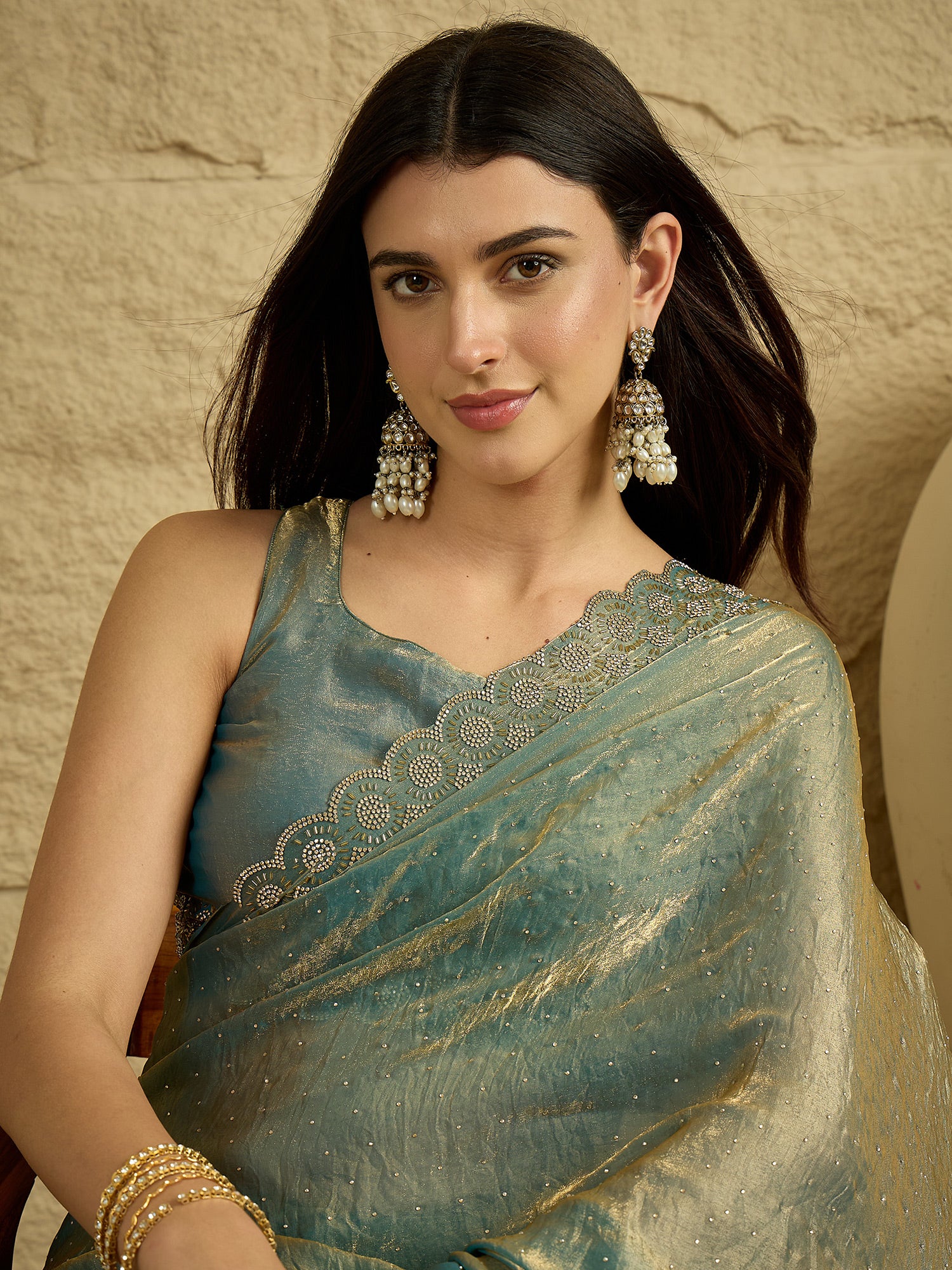 Women's Satin Silk Metallic Embellished Designer Saree With Blouse Piece