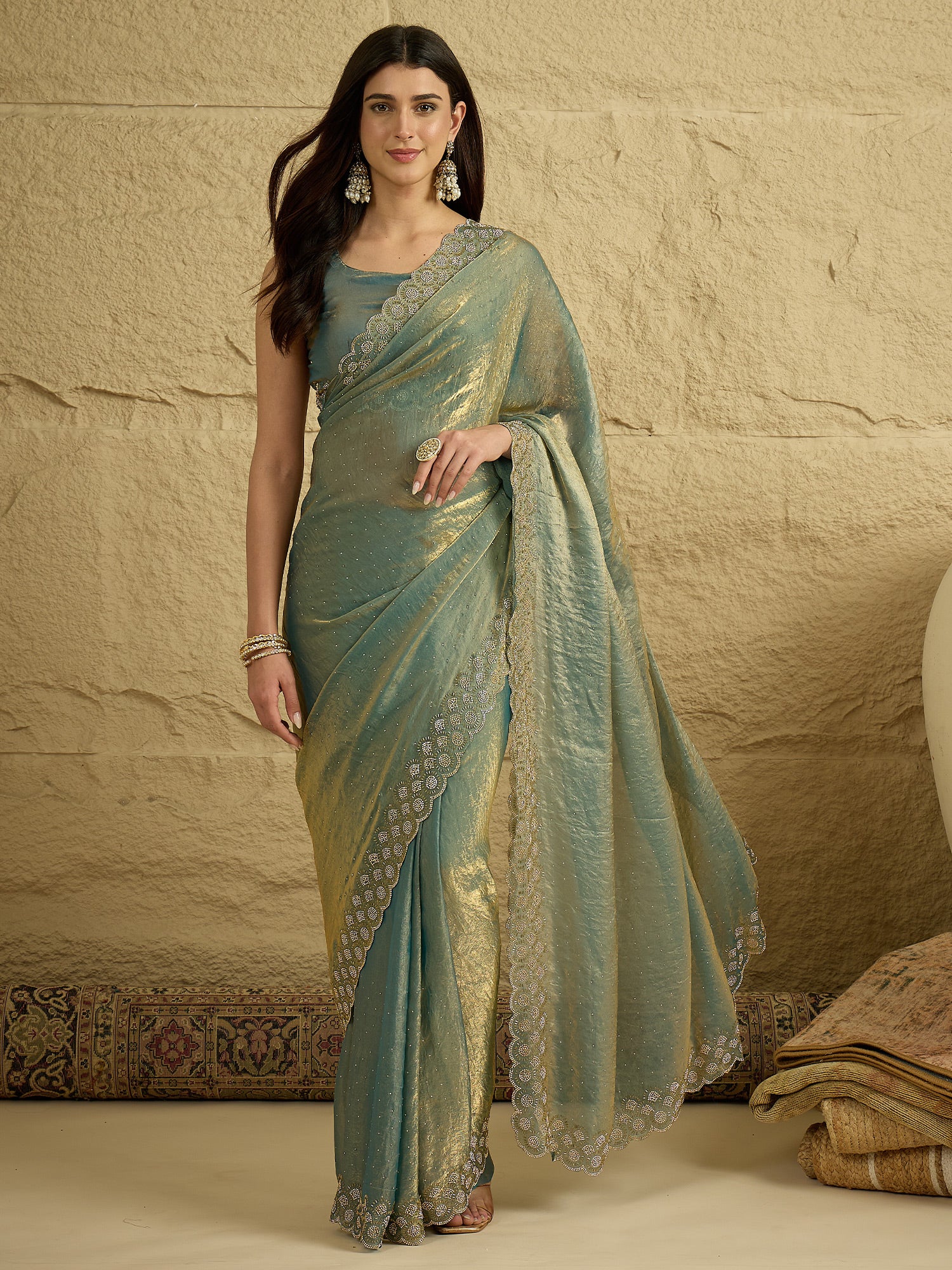 Women's Satin Silk Metallic Embellished Designer Saree With Blouse Piece