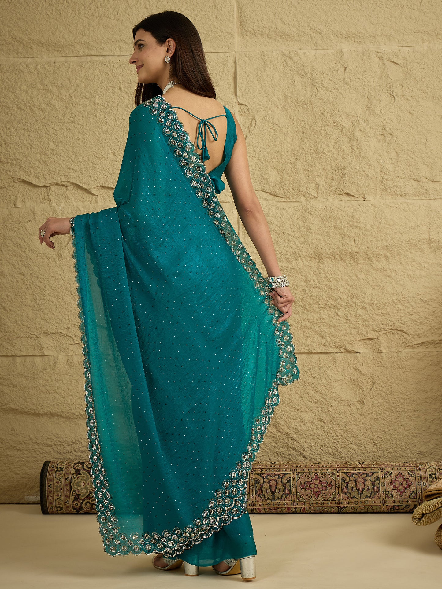 Women's Satin Silk Teal blue Embellished Designer Saree With Blouse Piece