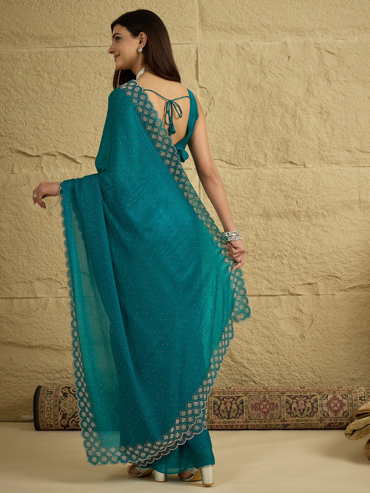 Women's Satin Silk Teal blue Embellished Designer Saree With Blouse Piece