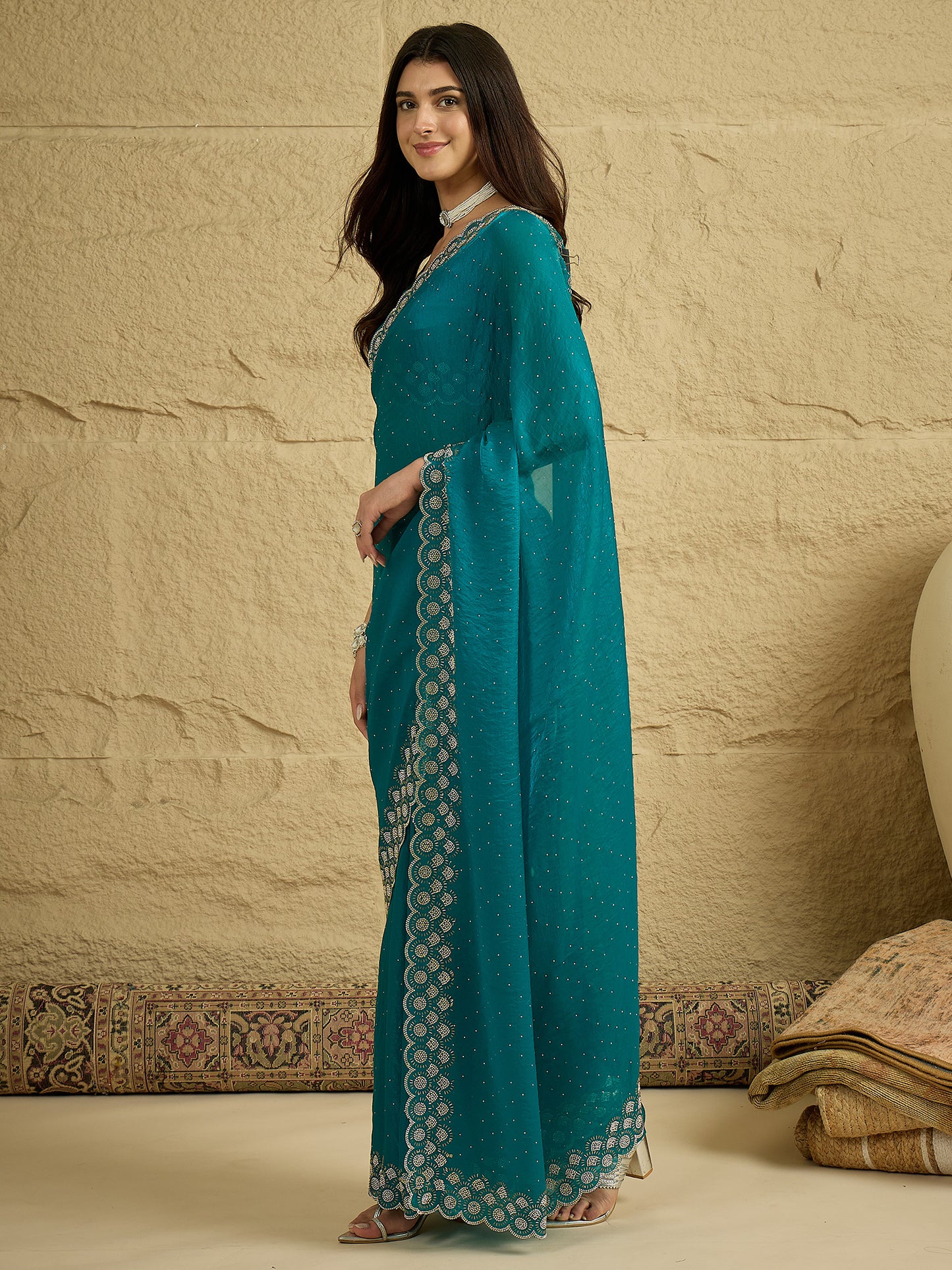 Women's Satin Silk Teal blue Embellished Designer Saree With Blouse Piece