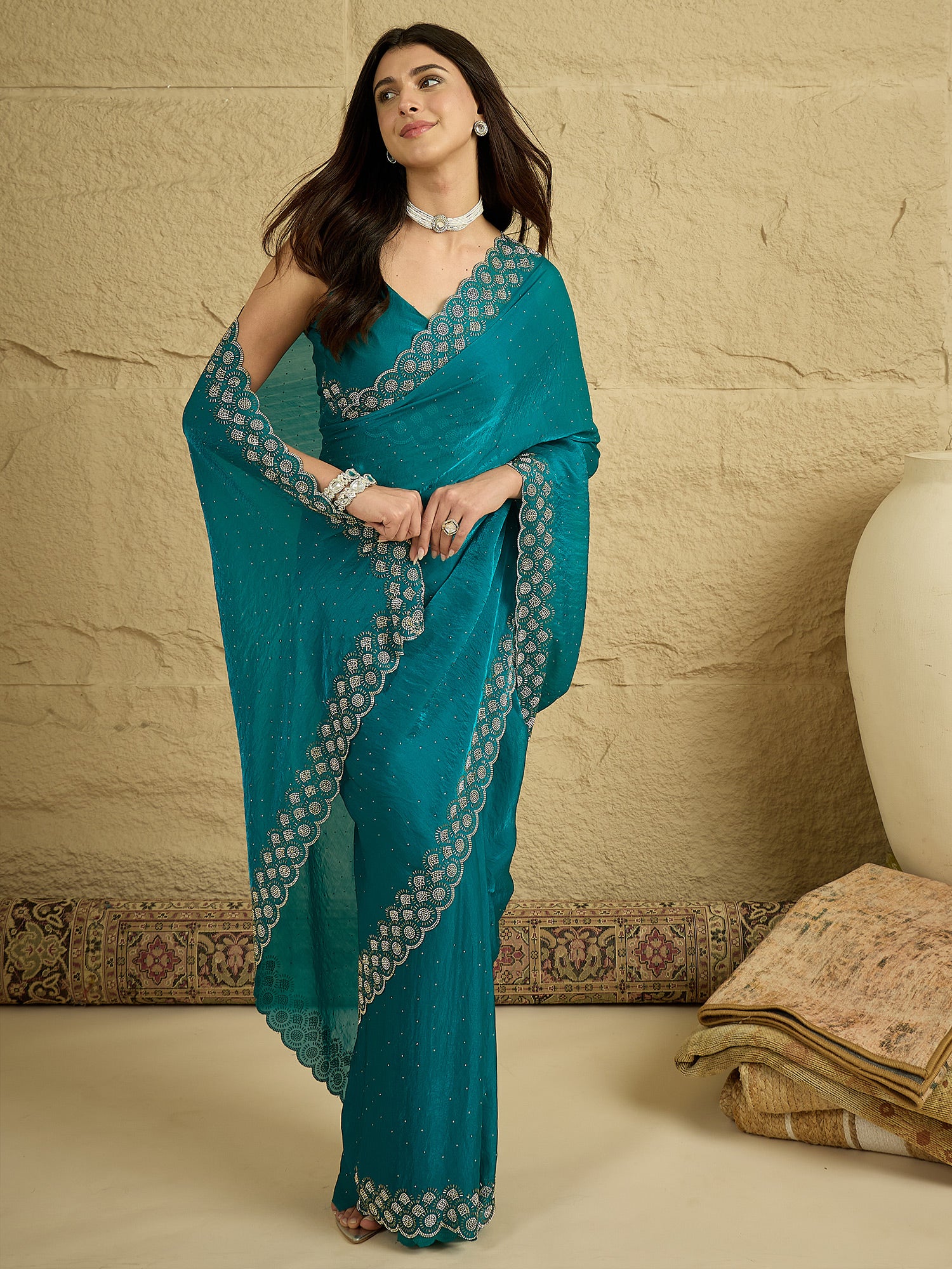 Women's Satin Silk Teal blue Embellished Designer Saree With Blouse Piece