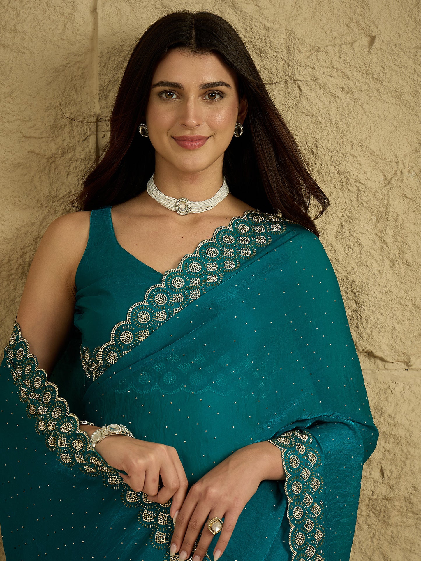 Women's Satin Silk Teal blue Embellished Designer Saree With Blouse Piece