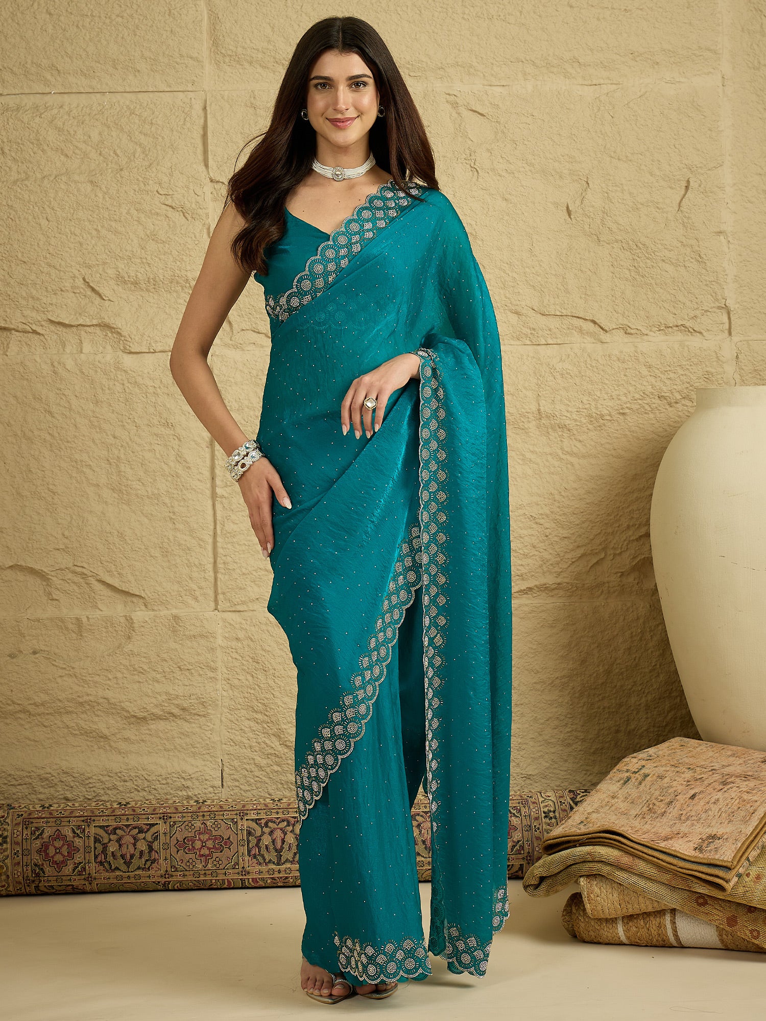 Women's Satin Silk Teal blue Embellished Designer Saree With Blouse Piece
