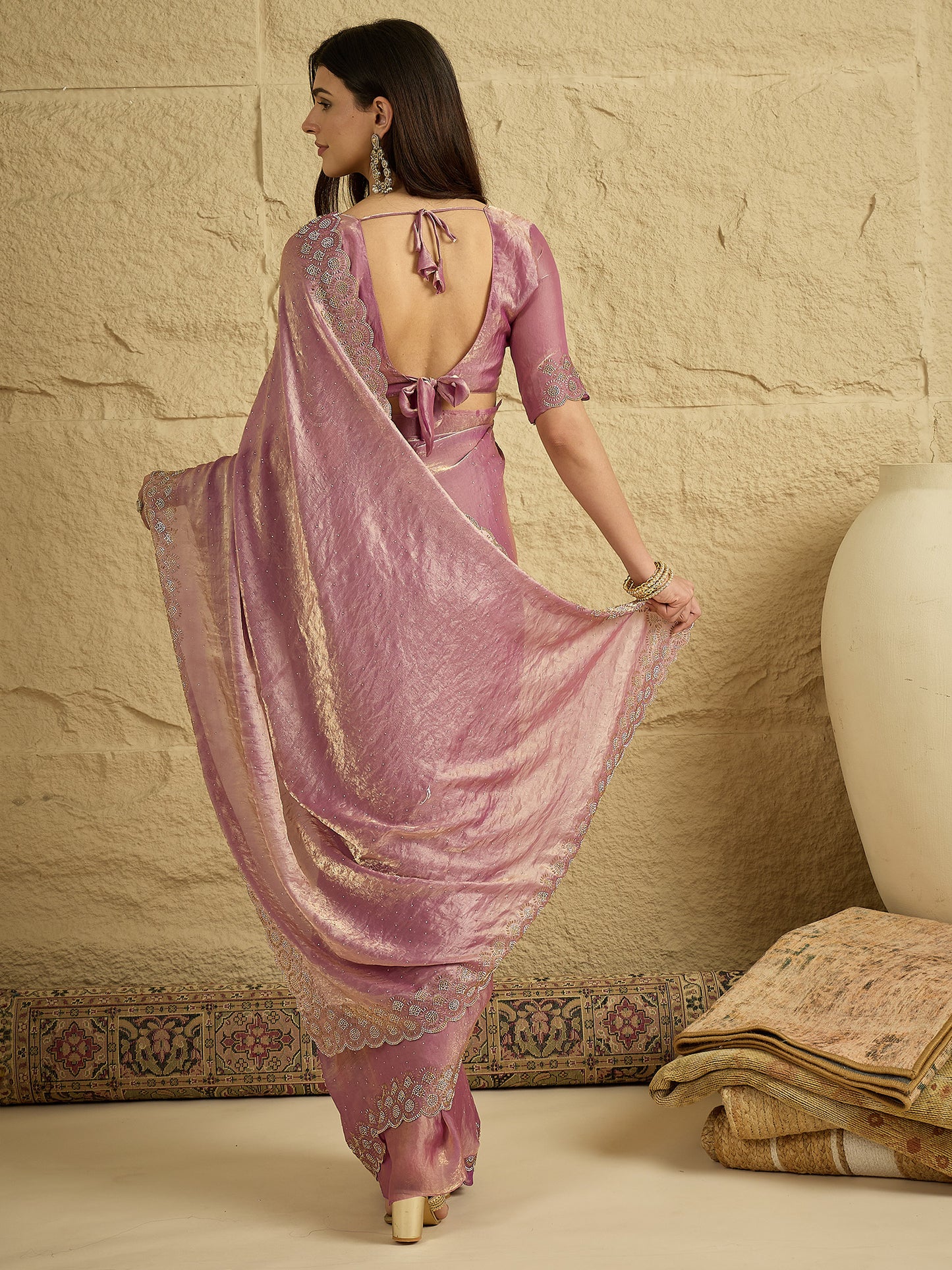 Women's Satin Silk Mauve Embellished Designer Saree With Blouse Piece