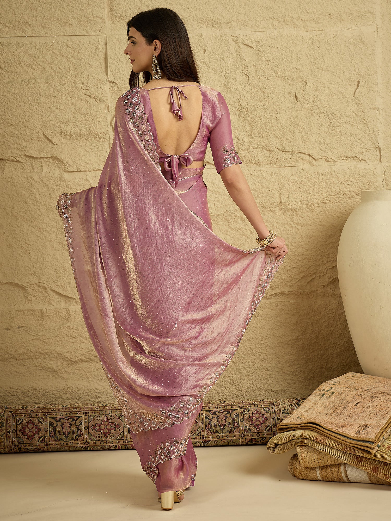 Women's Satin Silk Mauve Embellished Designer Saree With Blouse Piece