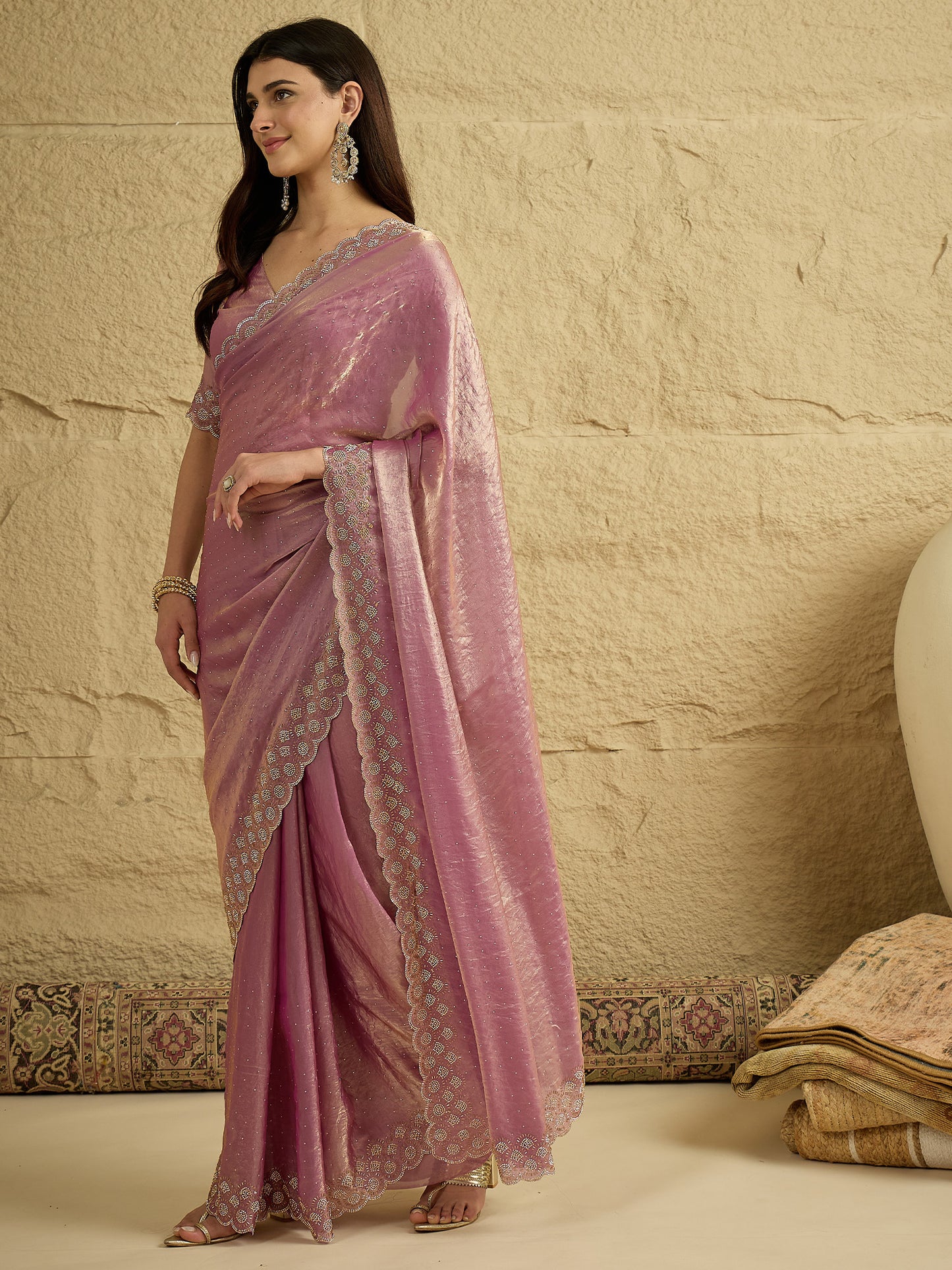 Women's Satin Silk Mauve Embellished Designer Saree With Blouse Piece