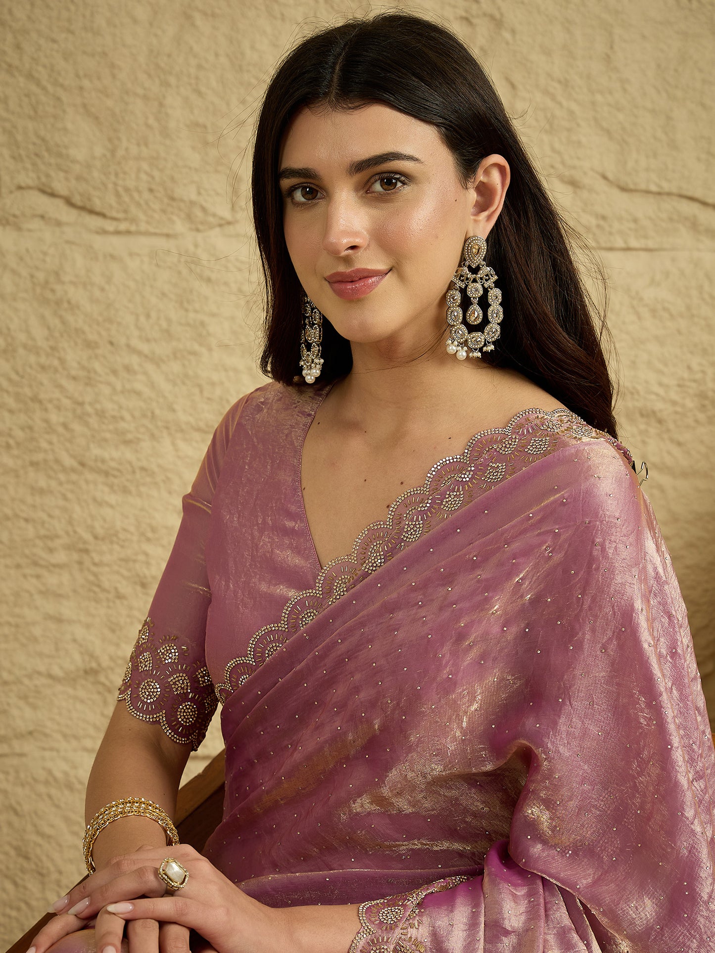 Women's Satin Silk Mauve Embellished Designer Saree With Blouse Piece