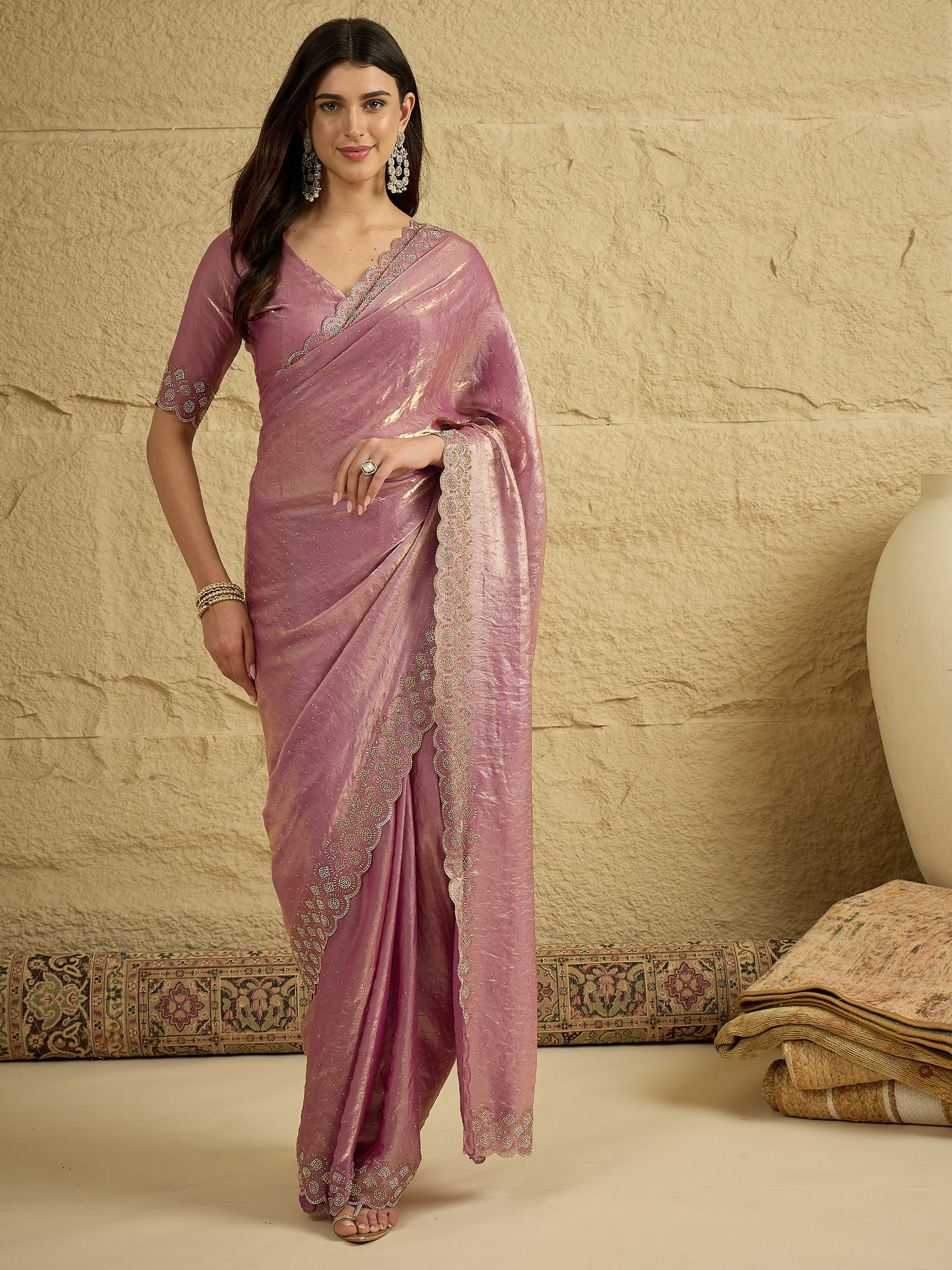 Women's Satin Silk Mauve Embellished Designer Saree With Blouse Piece