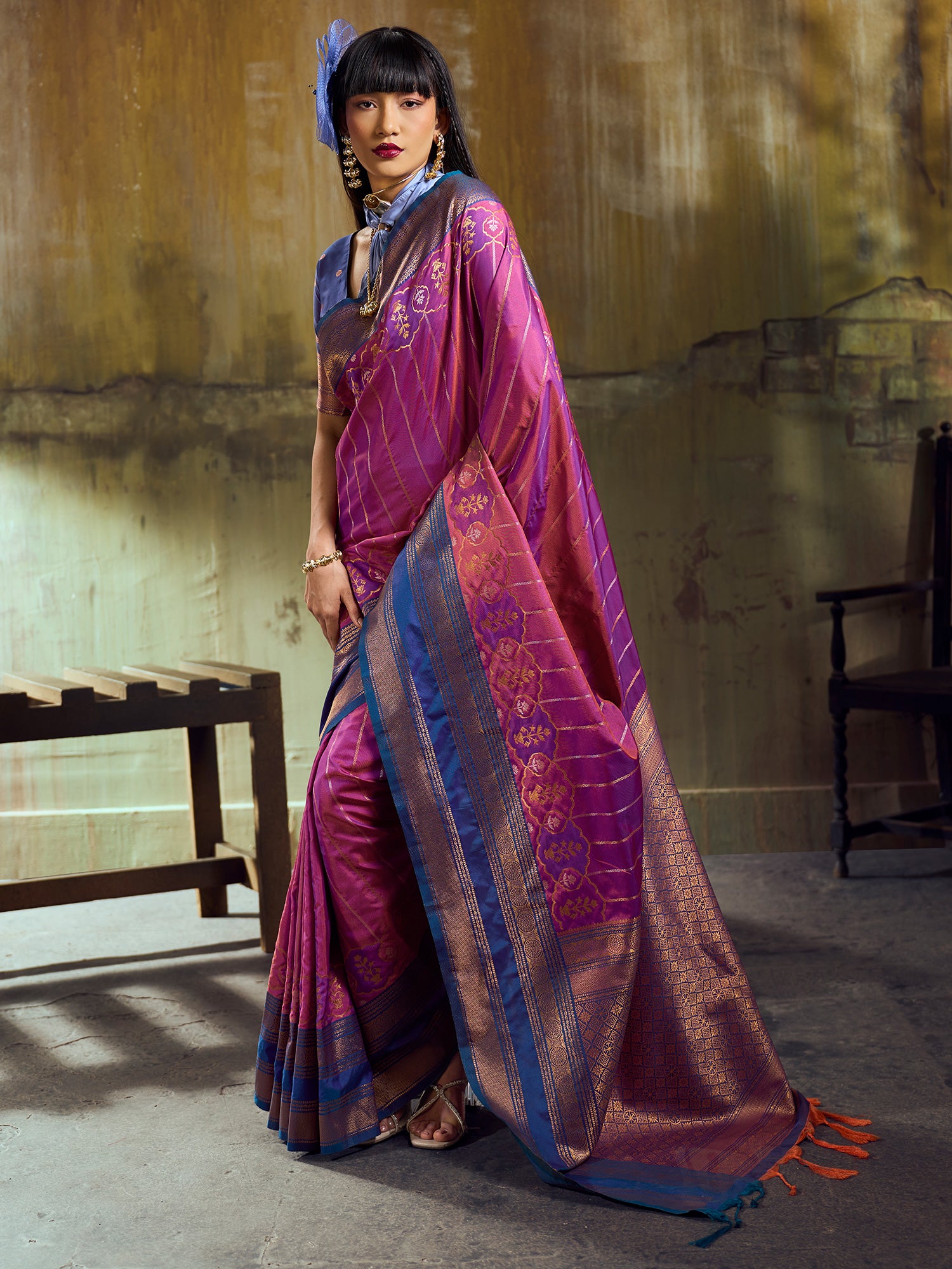 Women's Pure Silk Magenta Woven Design Designer Saree With Blouse Piece