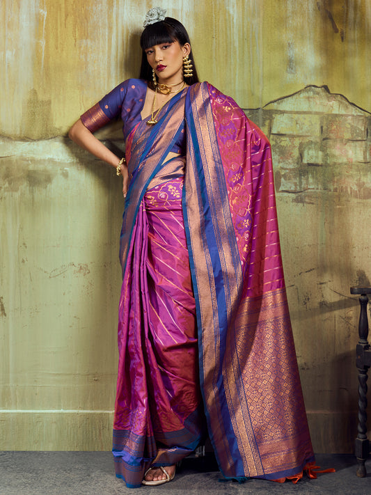Women's Pure Silk Magenta Woven Design Designer Saree With Blouse Piece