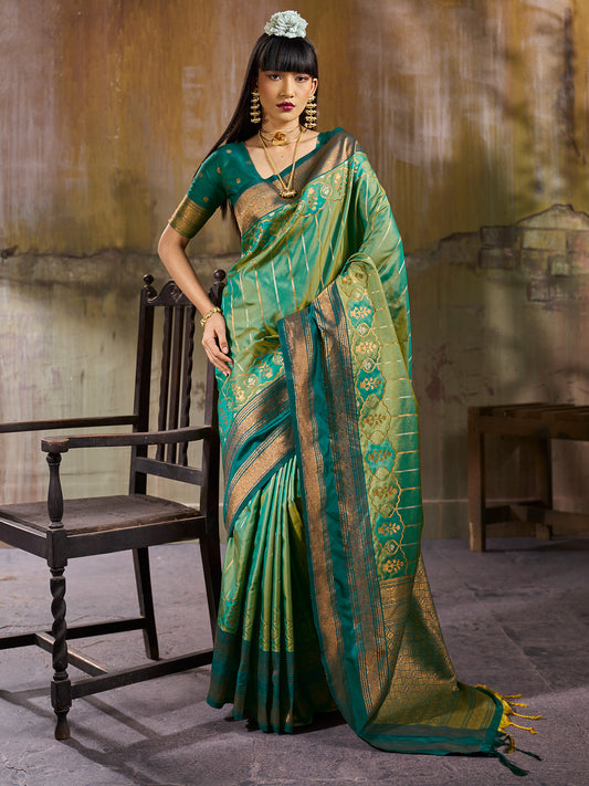 Women's Pure Silk Teal green Woven Design Designer Saree With Blouse Piece