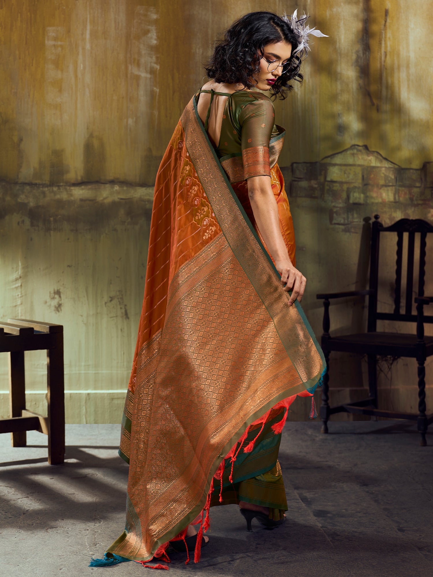 Women's Pure Silk Rust Woven Design Designer Saree With Blouse Piece