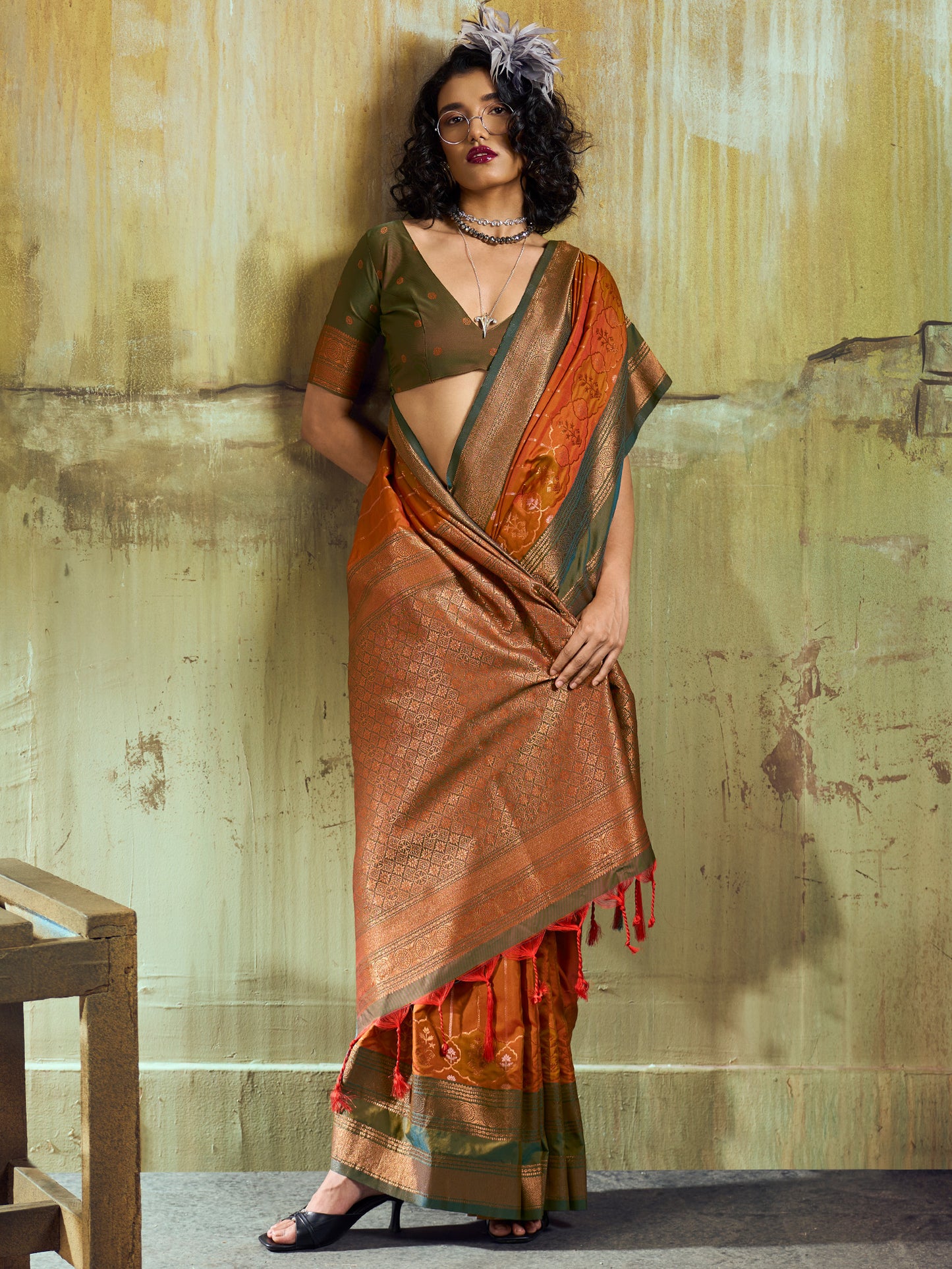Women's Pure Silk Rust Woven Design Designer Saree With Blouse Piece