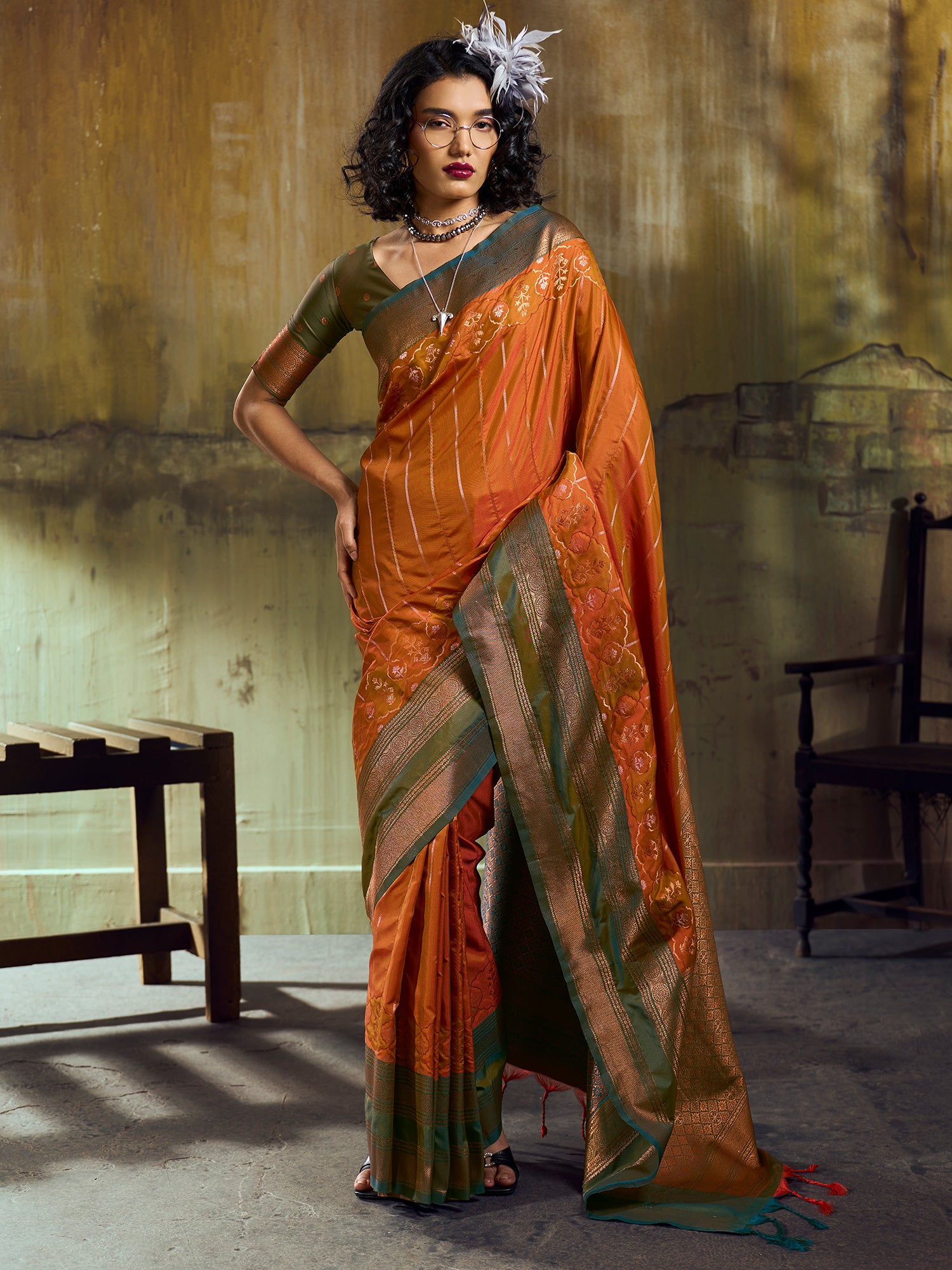 Women's Pure Silk Rust Woven Design Designer Saree With Blouse Piece