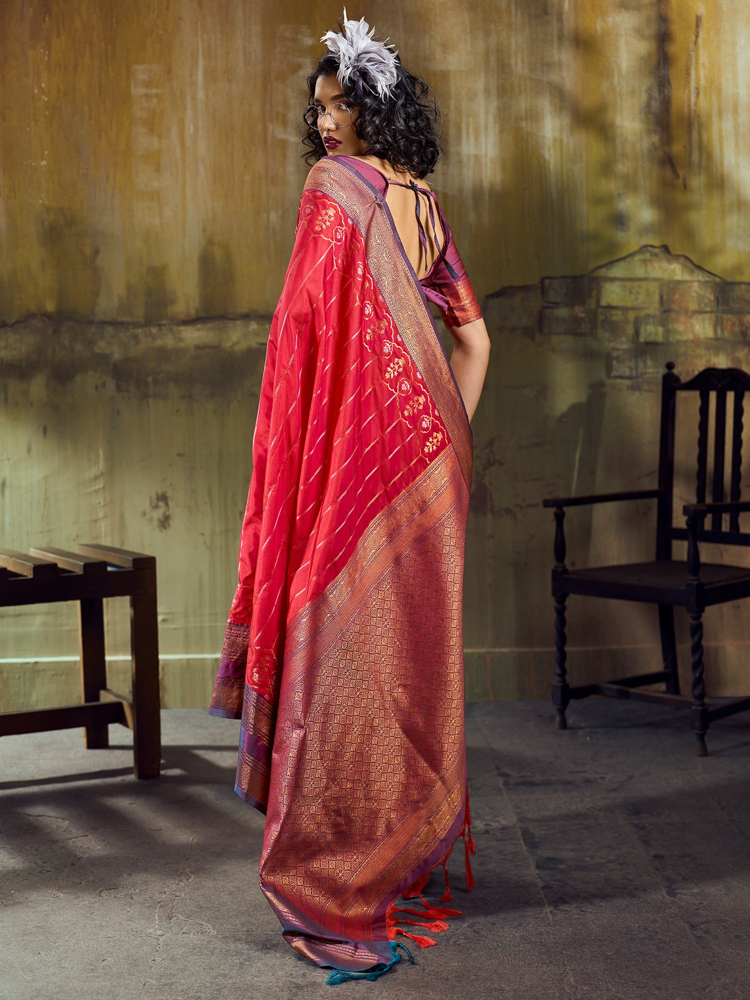 Women's Pure Silk Red Woven Design Designer Saree With Blouse Piece