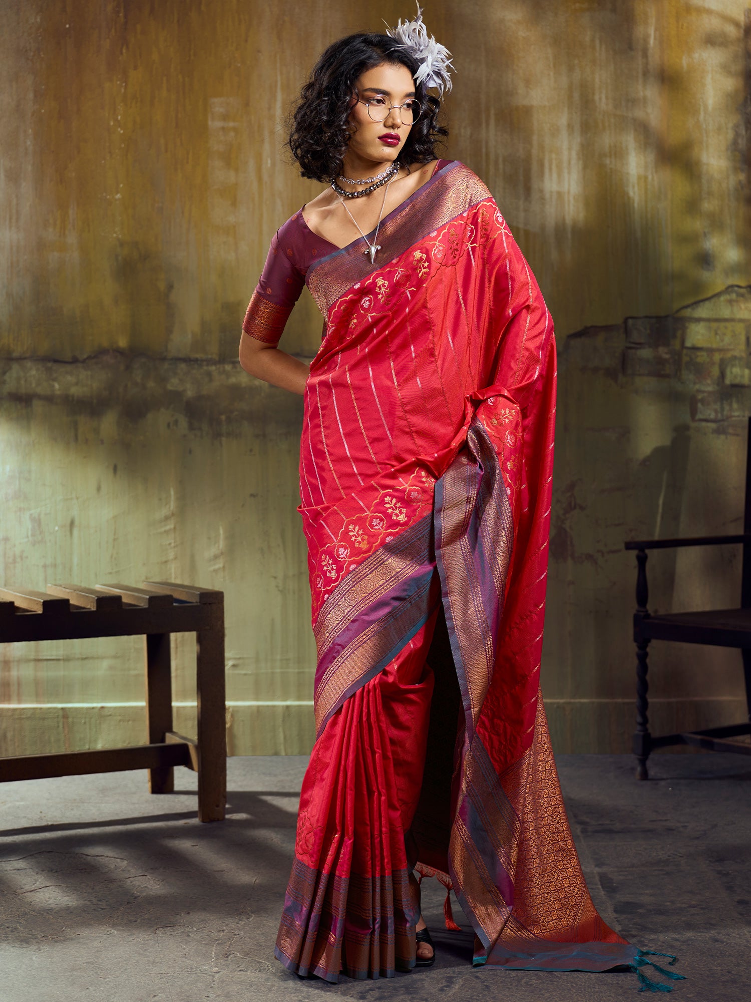 Women's Pure Silk Red Woven Design Designer Saree With Blouse Piece