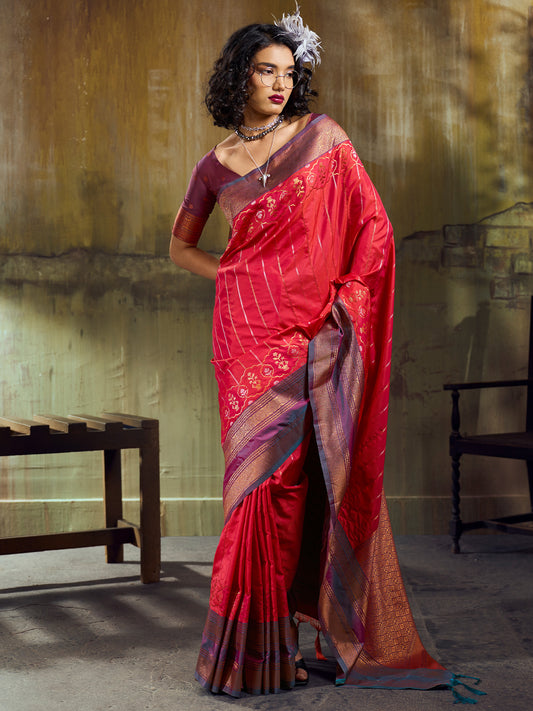 Women's Pure Silk Red Woven Design Designer Saree With Blouse Piece