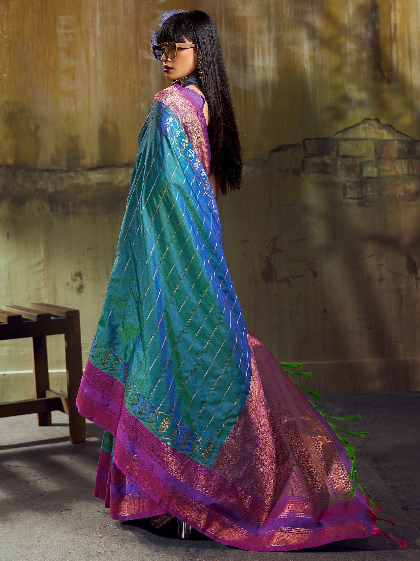 Women's Pure Silk Light Blue Woven Design Designer Saree With Blouse Piece