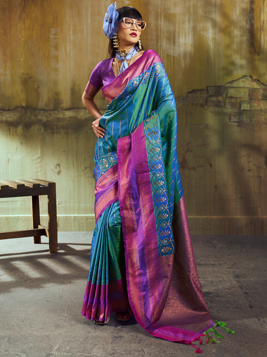 Women's Pure Silk Light Blue Woven Design Designer Saree With Blouse Piece