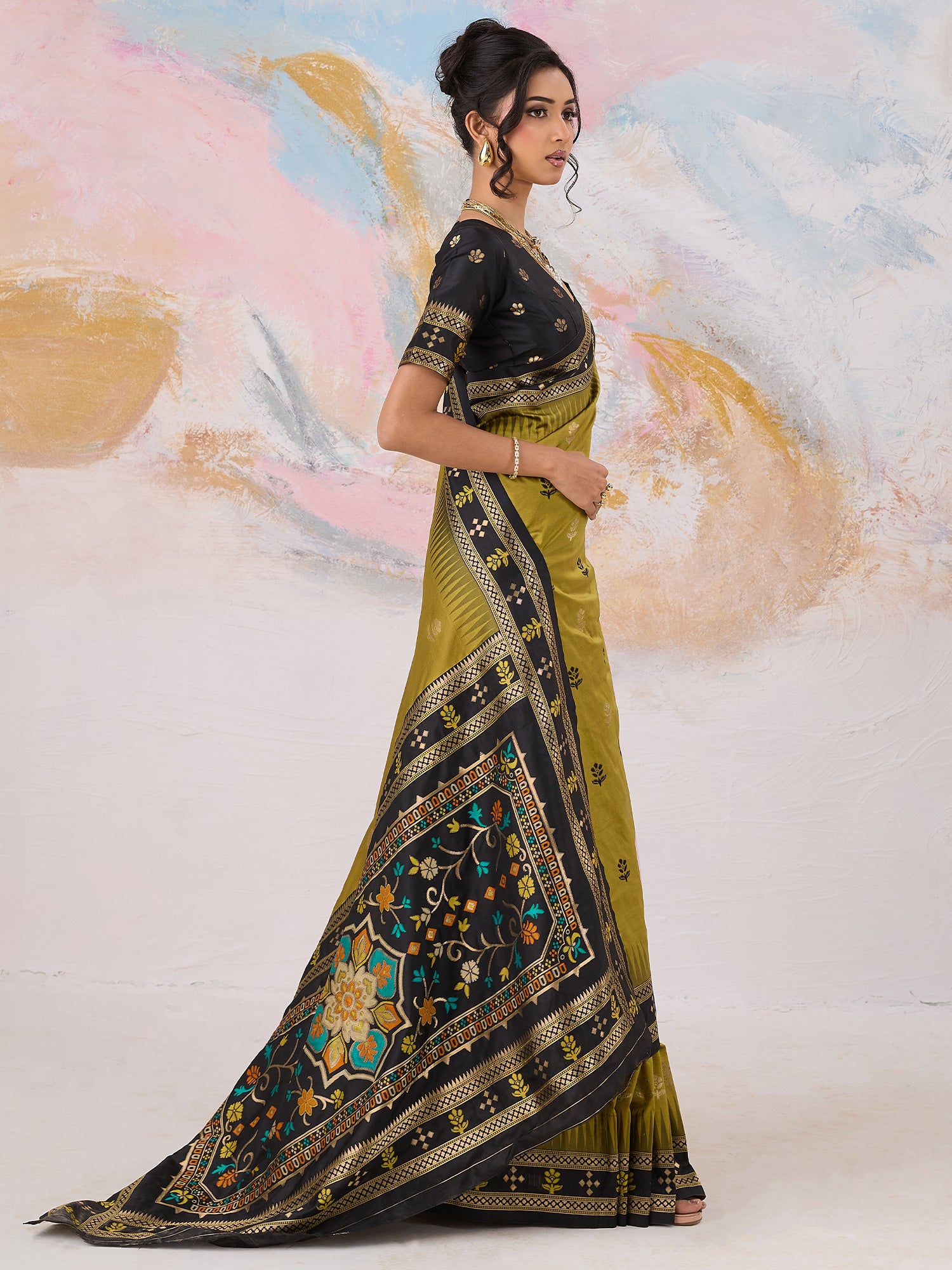 Women's Silk Blend Olive Woven Design Designer Saree With Blouse Piece