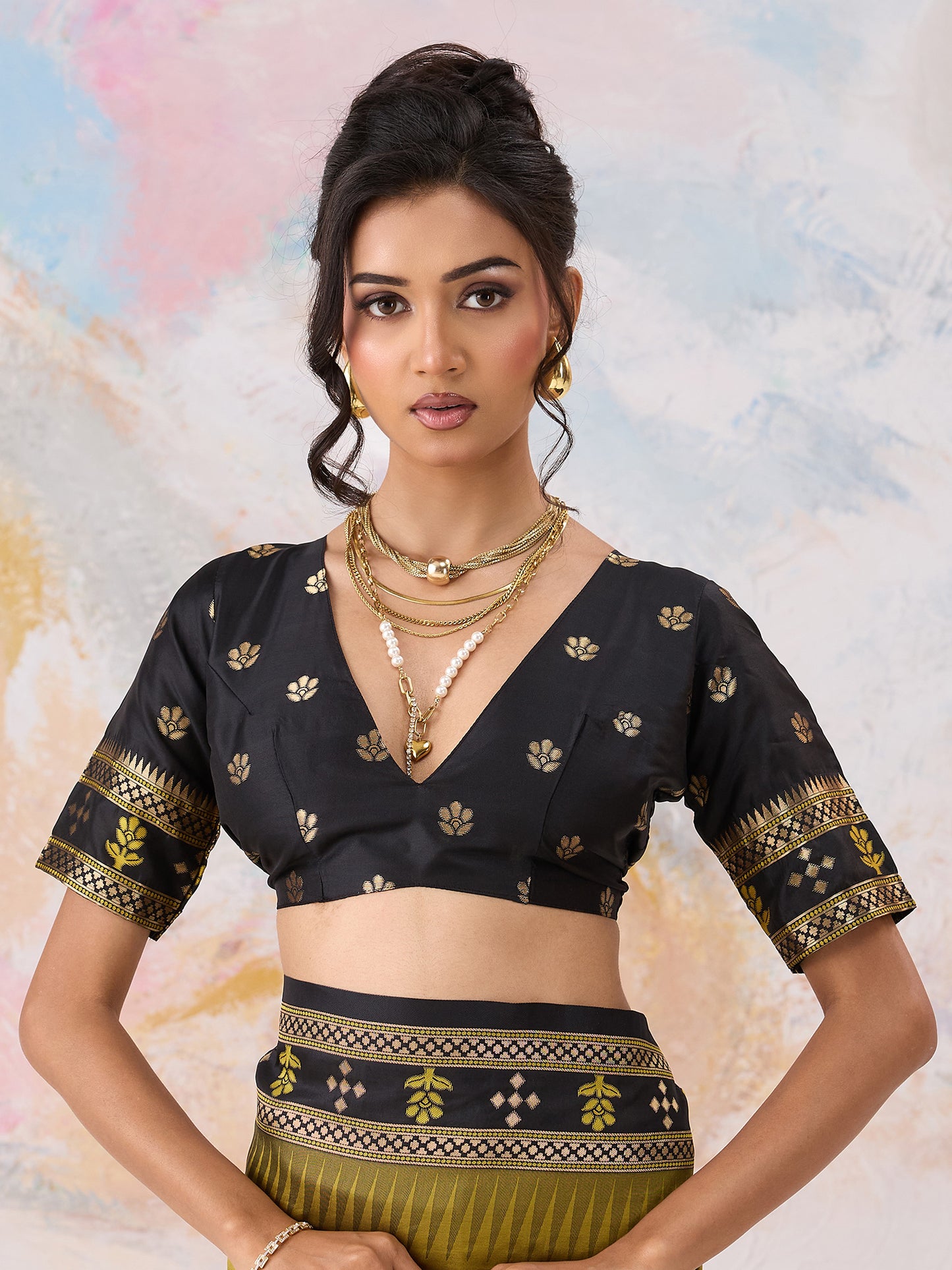 Women's Silk Blend Olive Woven Design Designer Saree With Blouse Piece