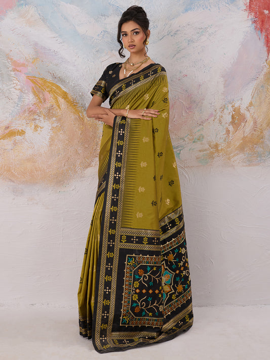 Women's Silk Blend Olive Woven Design Designer Saree With Blouse Piece