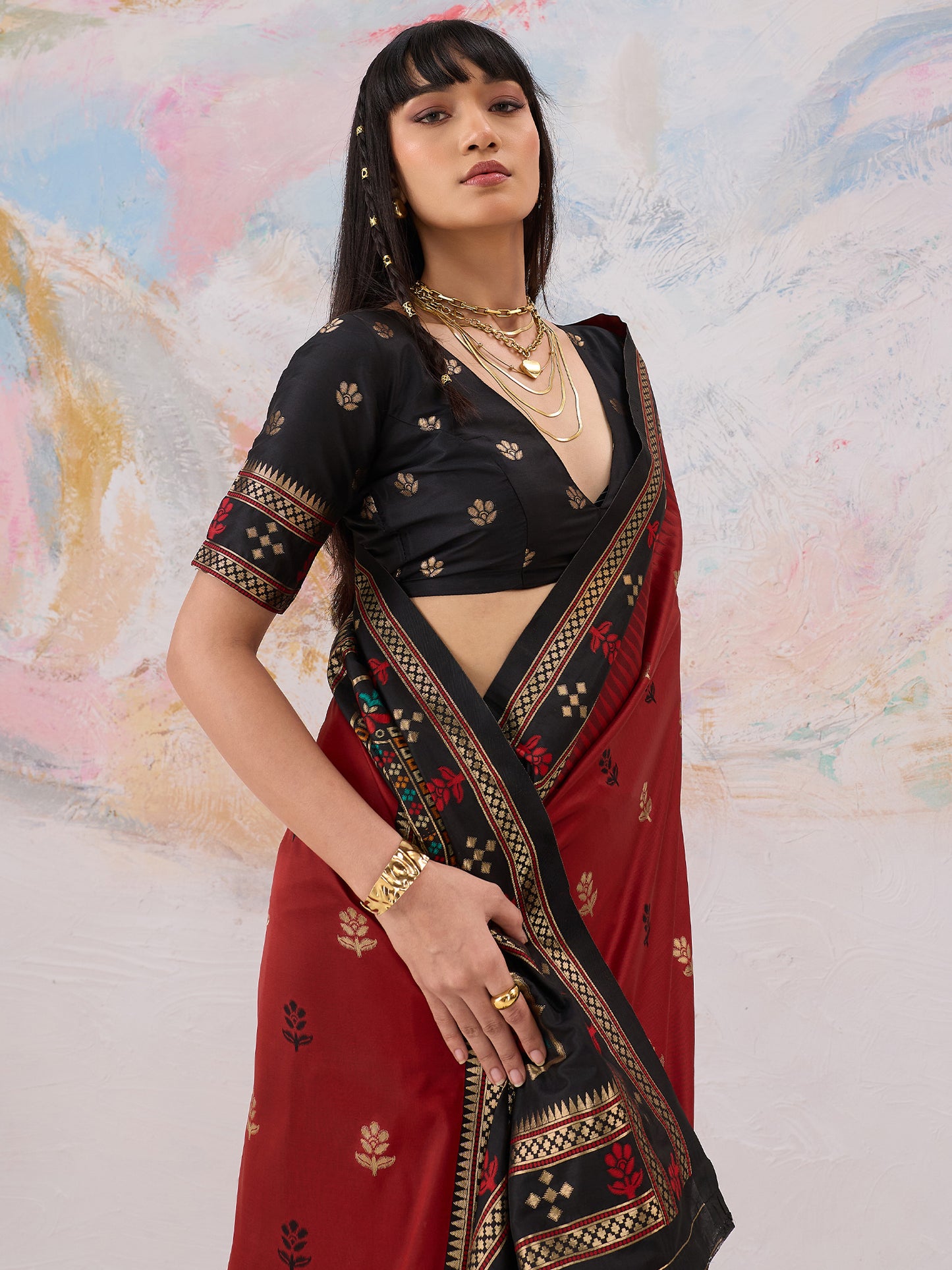 Women's Silk Blend Red Woven Design Designer Saree With Blouse Piece