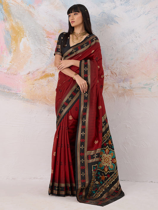 Women's Silk Blend Red Woven Design Designer Saree With Blouse Piece