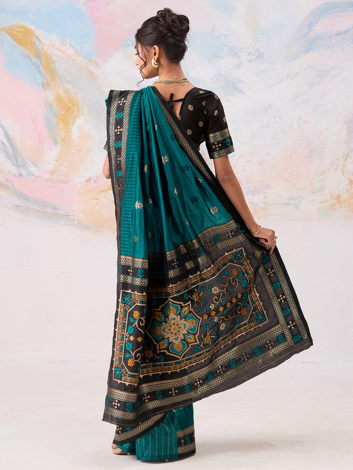 Women's Silk Blend Teal green Woven Design Designer Saree With Blouse Piece