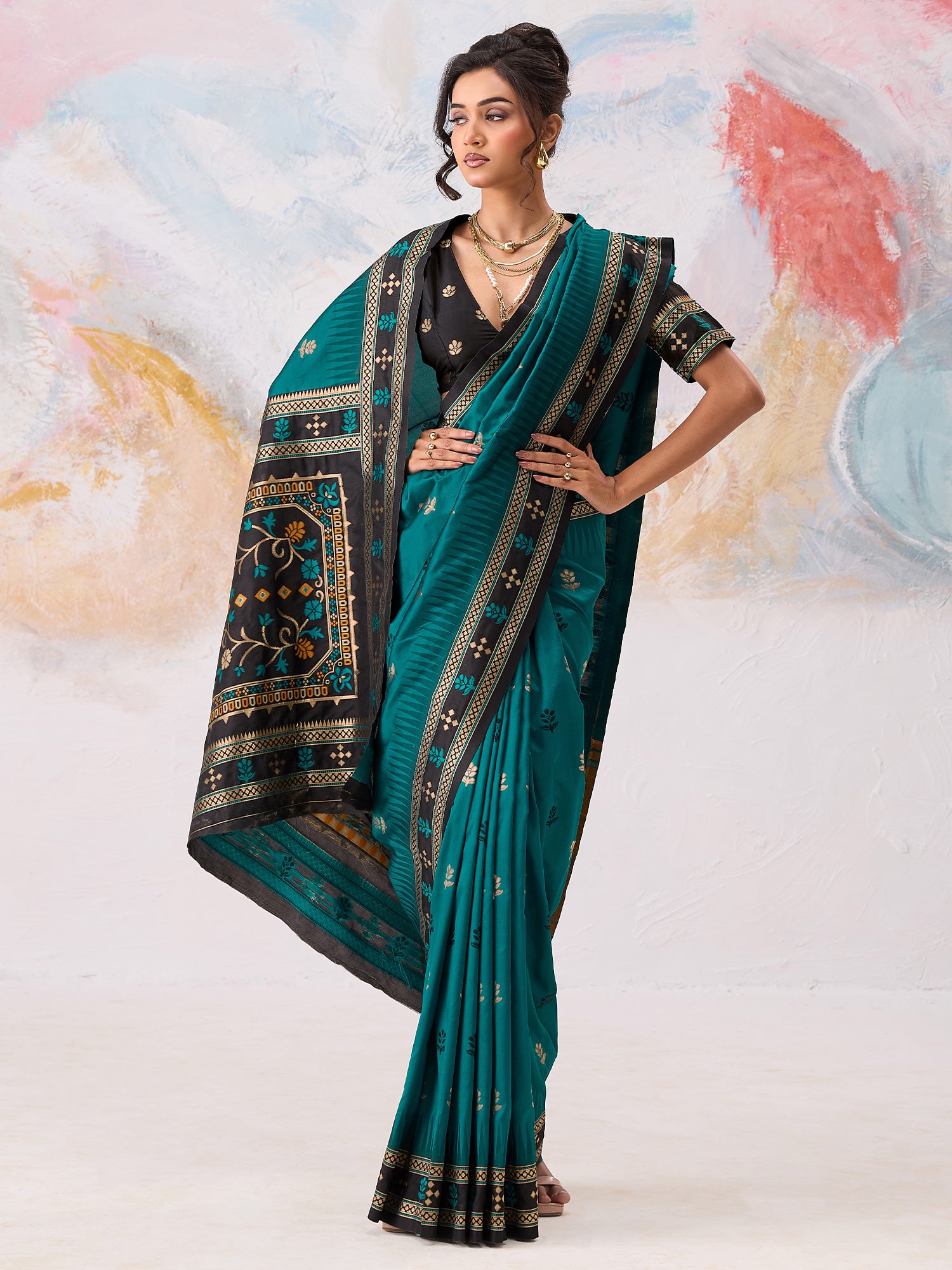 Women's Silk Blend Teal green Woven Design Designer Saree With Blouse Piece