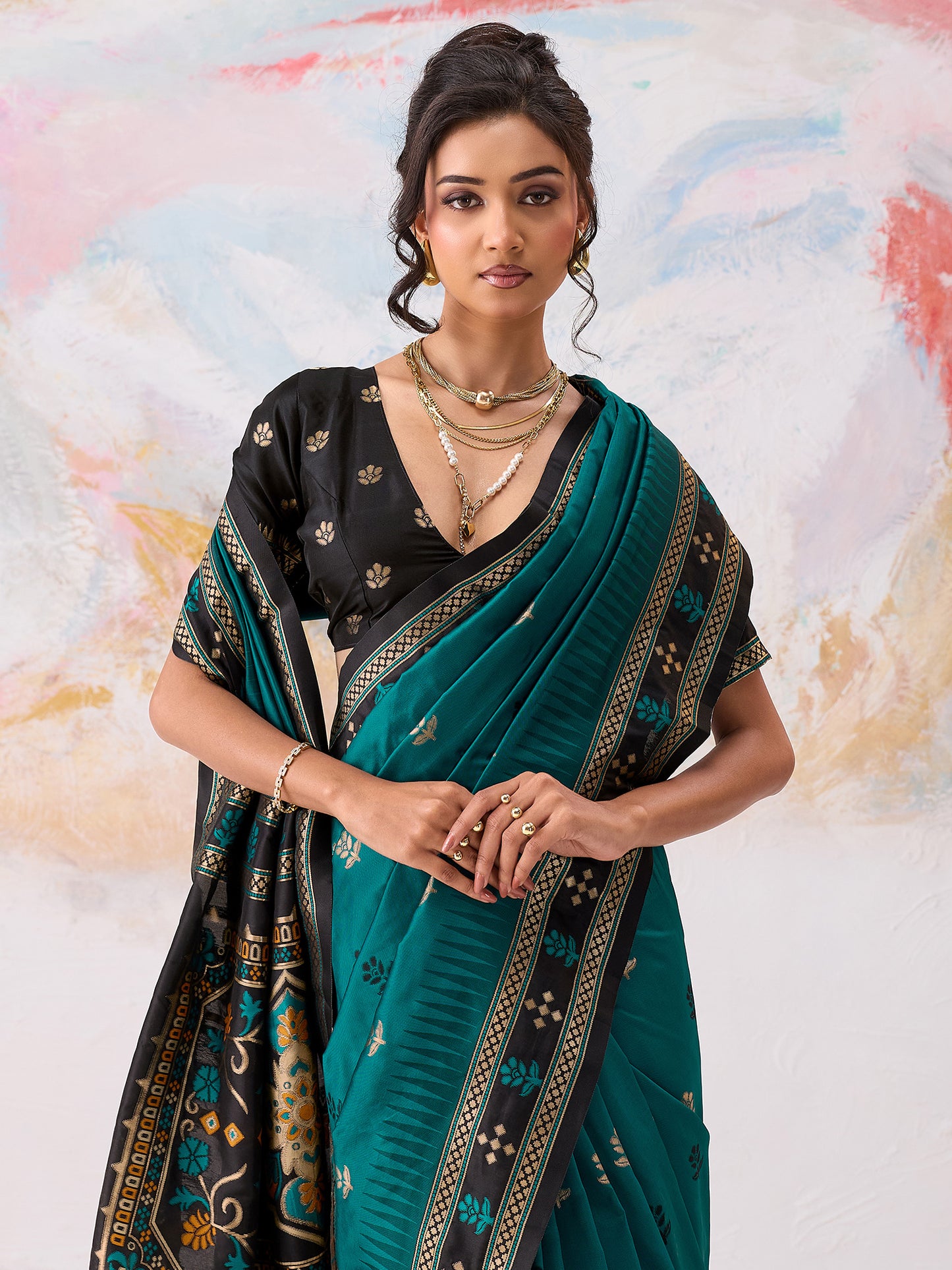 Women's Silk Blend Teal green Woven Design Designer Saree With Blouse Piece