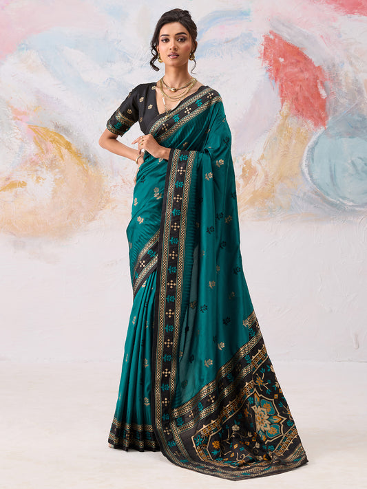 Women's Silk Blend Teal green Woven Design Designer Saree With Blouse Piece