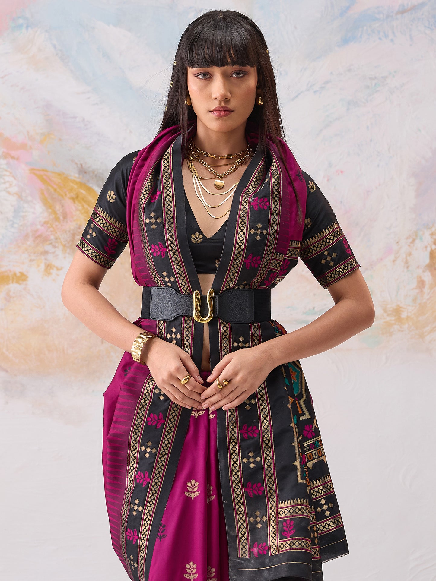 Women's Silk Blend Magenta Woven Design Designer Saree With Blouse Piece
