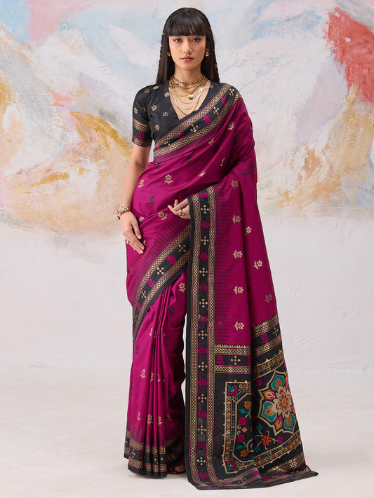 Women's Silk Blend Magenta Woven Design Designer Saree With Blouse Piece