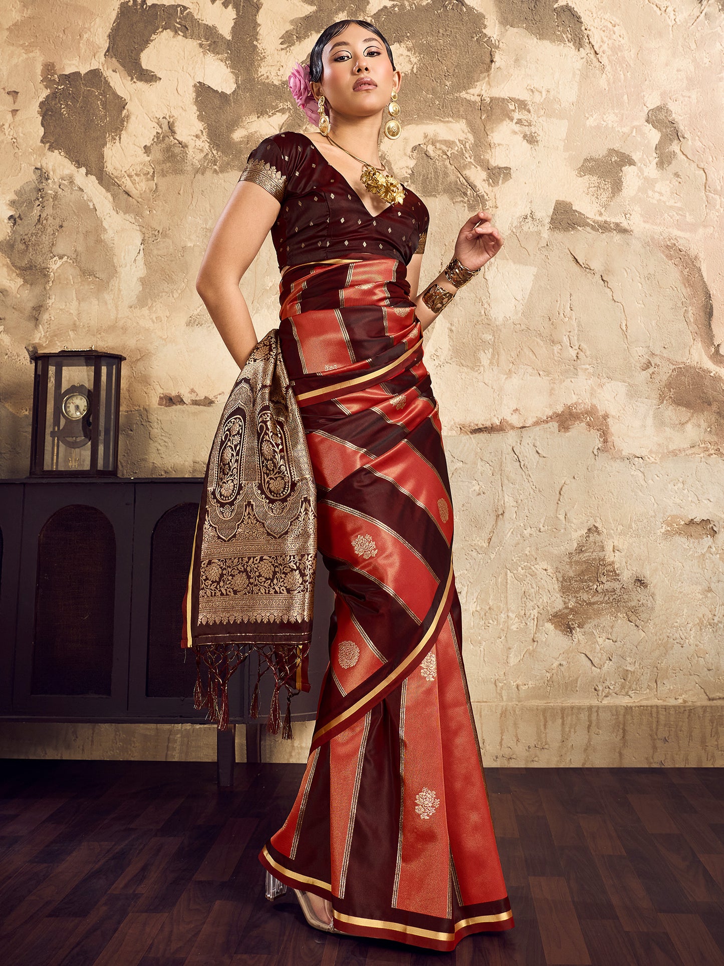 Women's Satin Maroon Woven Design Designer Saree With Blouse Piece