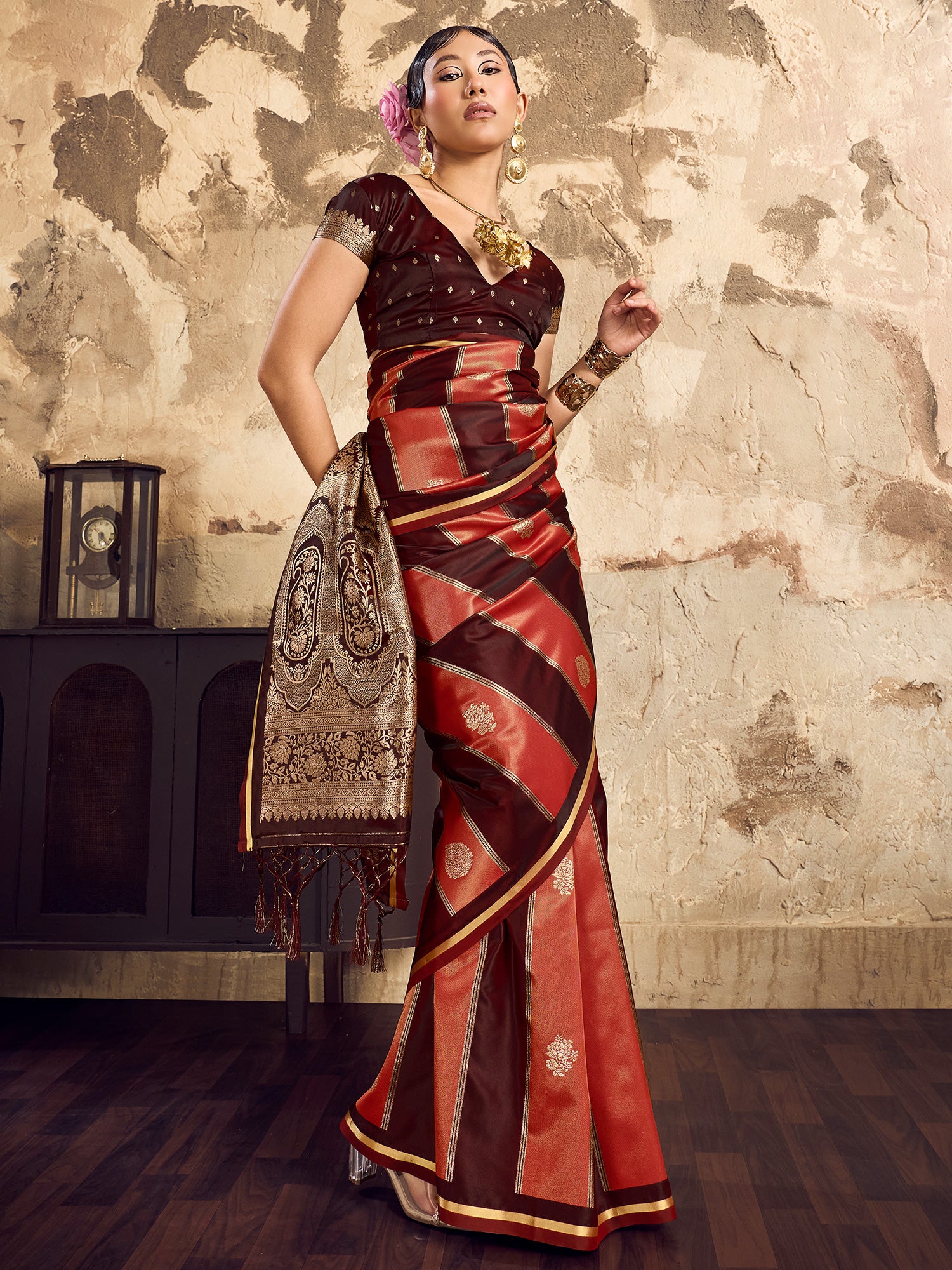 Women's Satin Maroon Woven Design Designer Saree With Blouse Piece