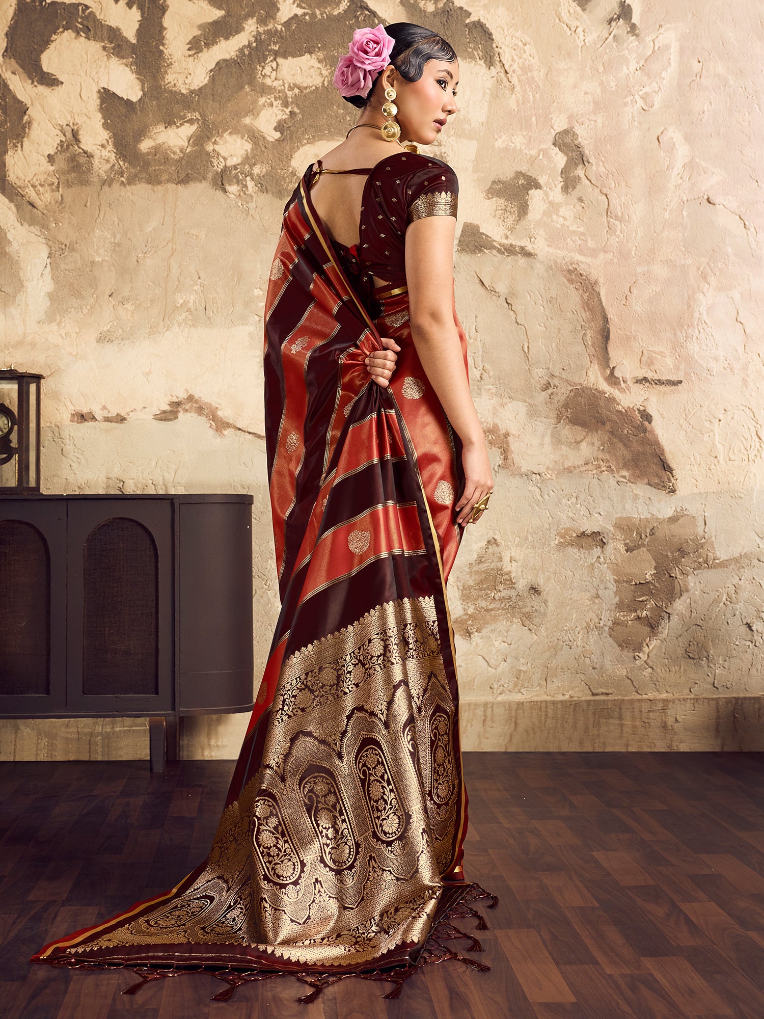 Women's Satin Maroon Woven Design Designer Saree With Blouse Piece