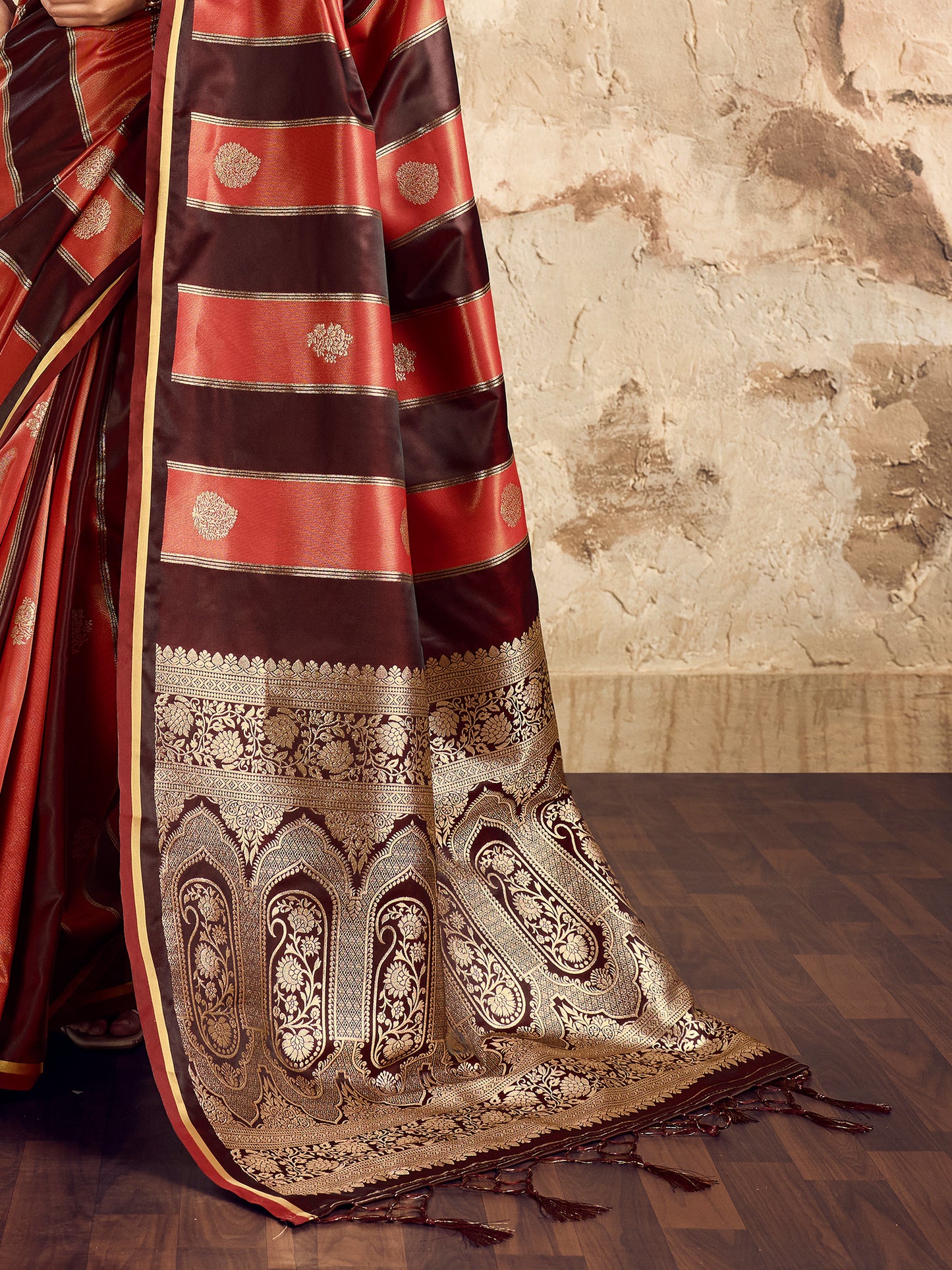Women's Satin Maroon Woven Design Designer Saree With Blouse Piece