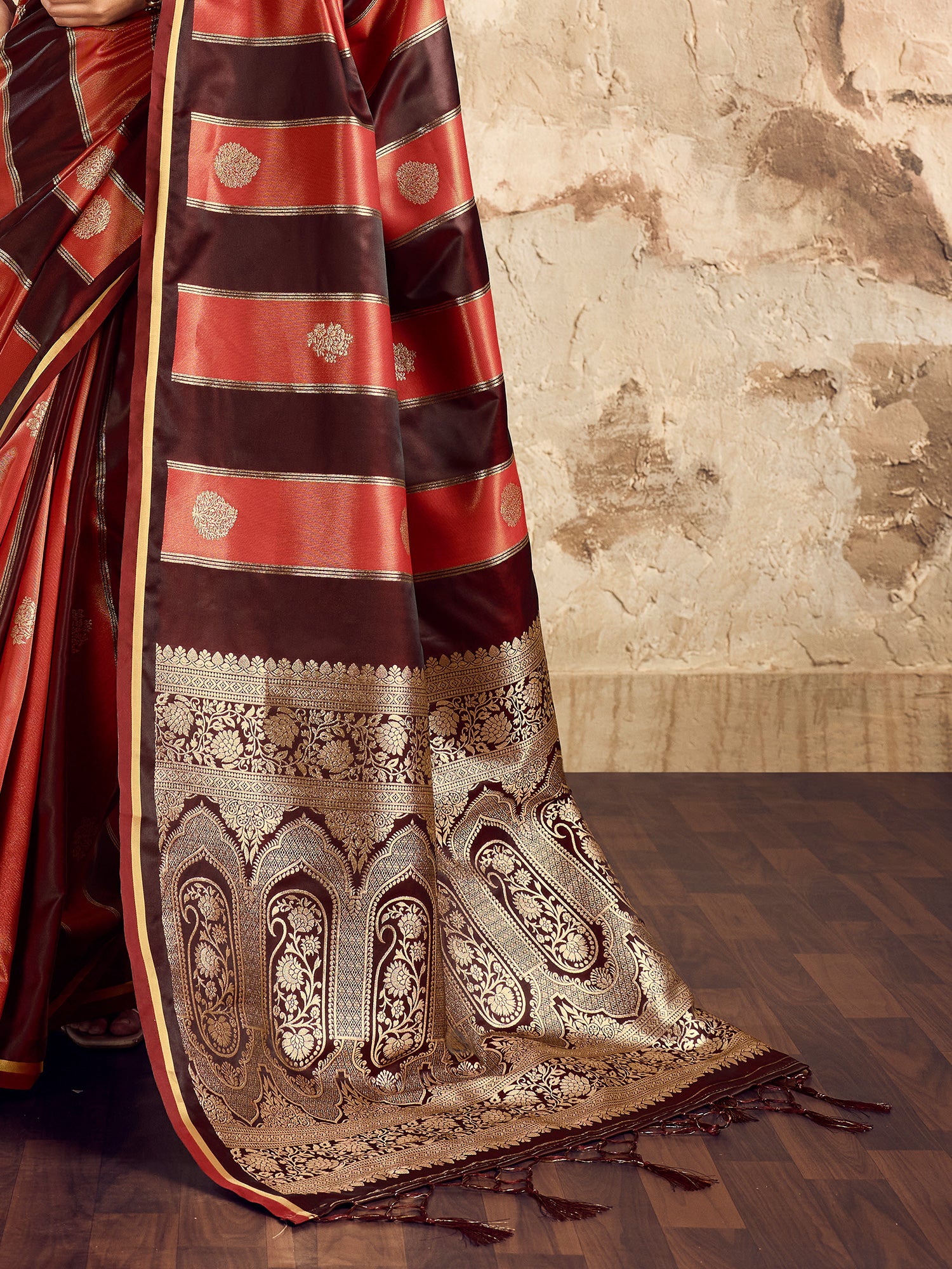 Women's Satin Maroon Woven Design Designer Saree With Blouse Piece