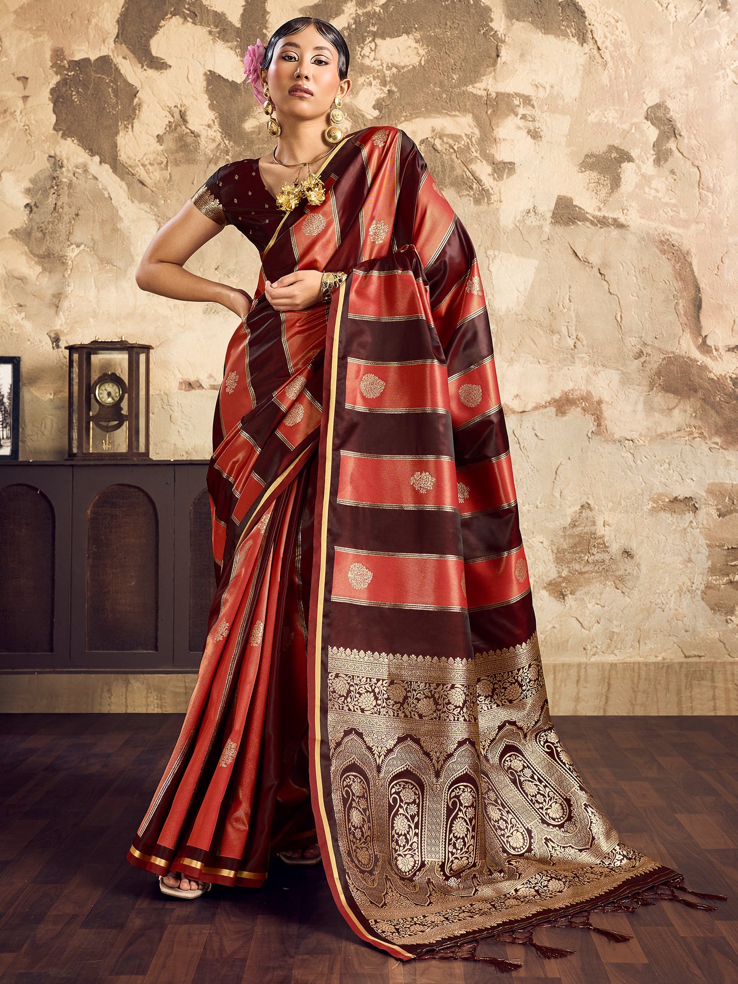 Women's Satin Maroon Woven Design Designer Saree With Blouse Piece