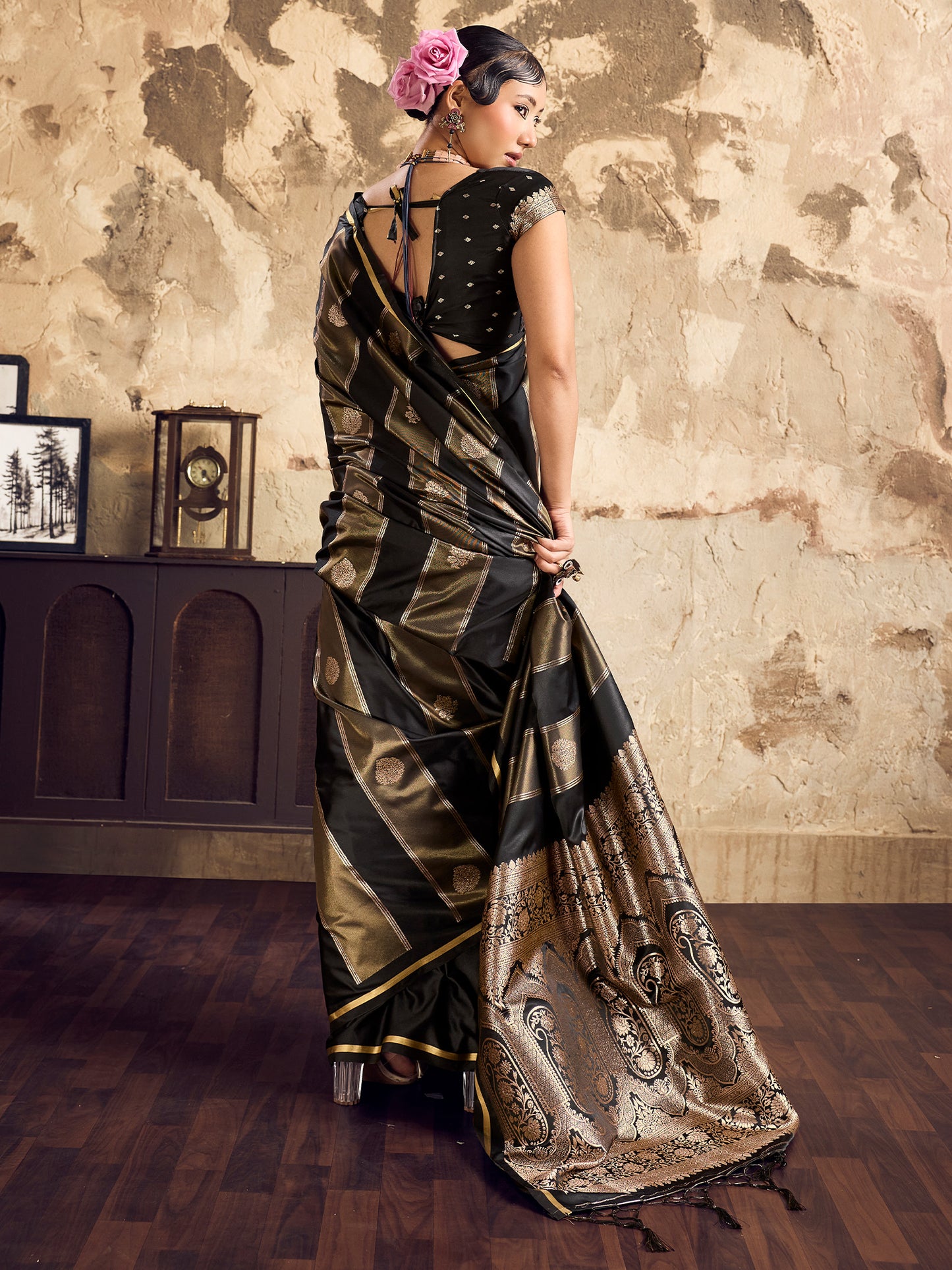 Women's Satin Black Woven Design Designer Saree With Blouse Piece