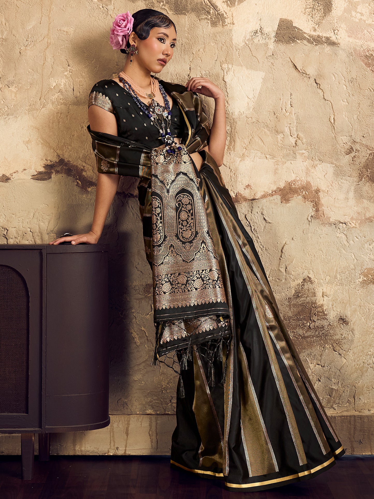 Women's Satin Black Woven Design Designer Saree With Blouse Piece
