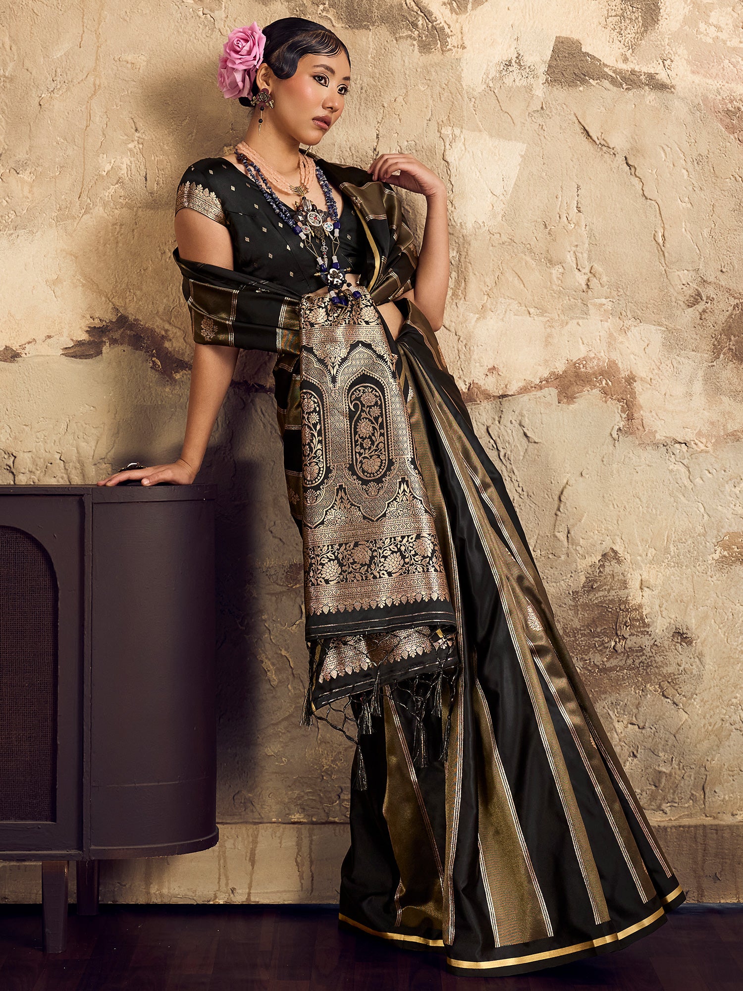 Women's Satin Black Woven Design Designer Saree With Blouse Piece