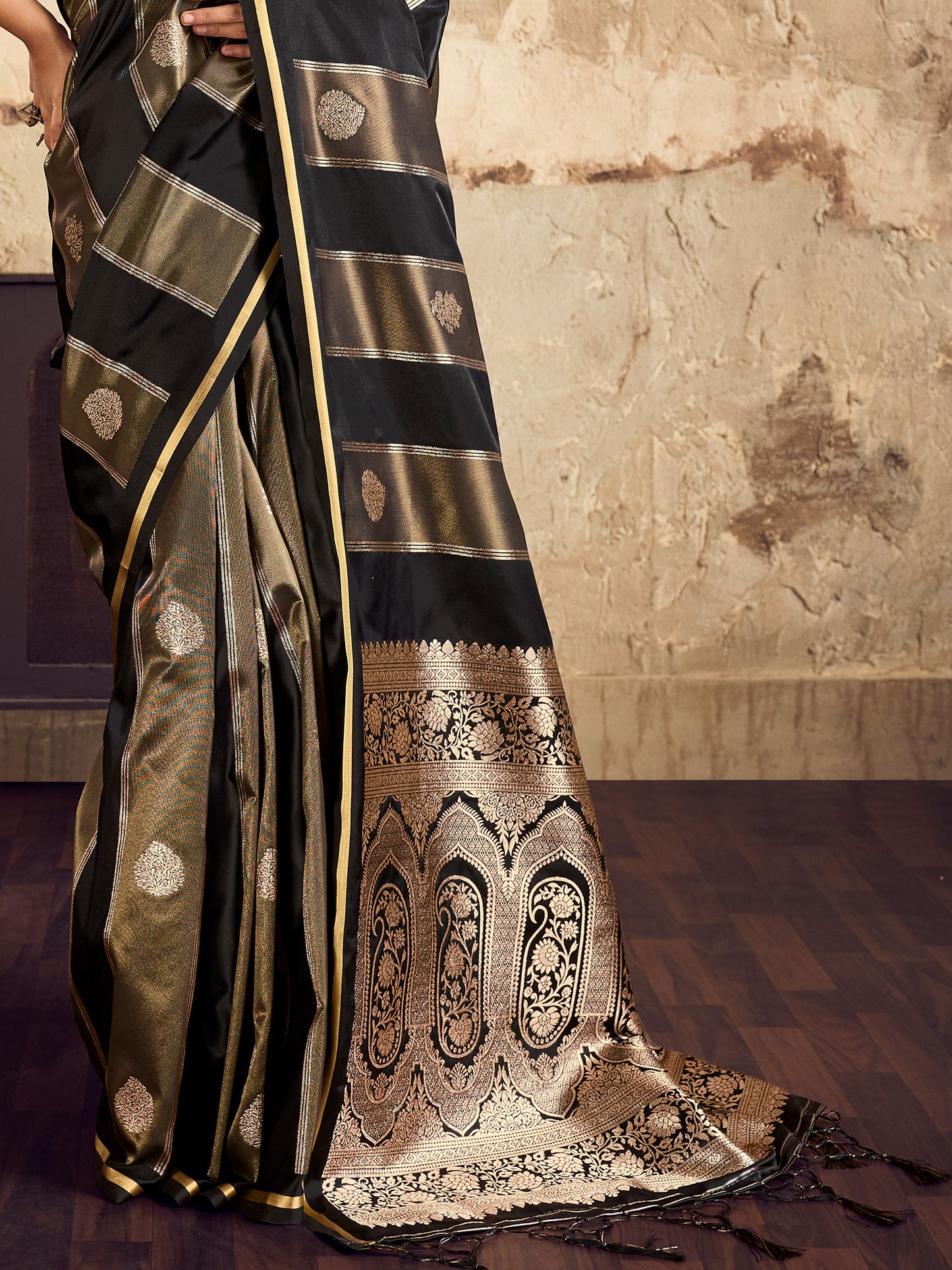 Women's Satin Black Woven Design Designer Saree With Blouse Piece