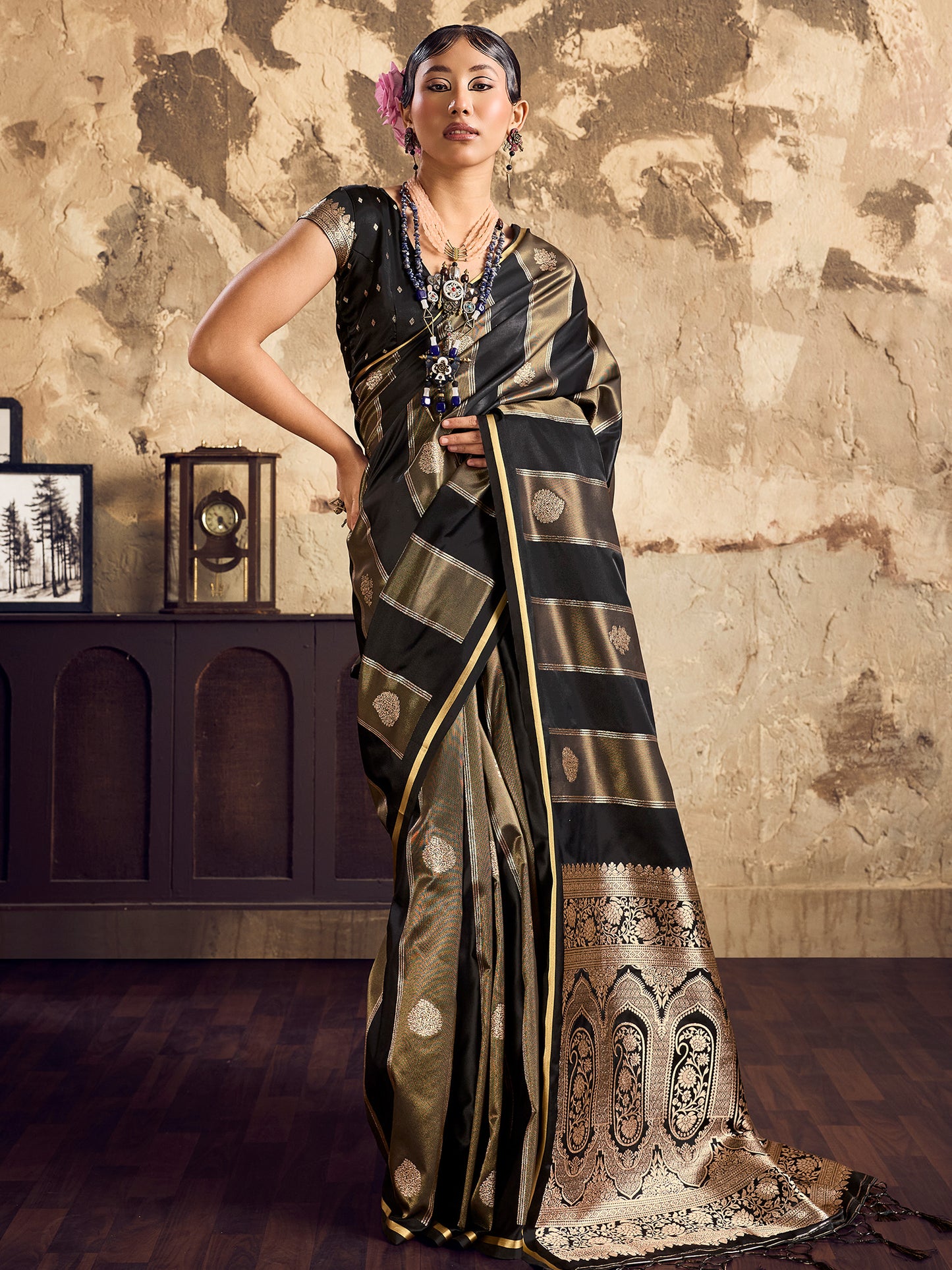 Women's Satin Black Woven Design Designer Saree With Blouse Piece