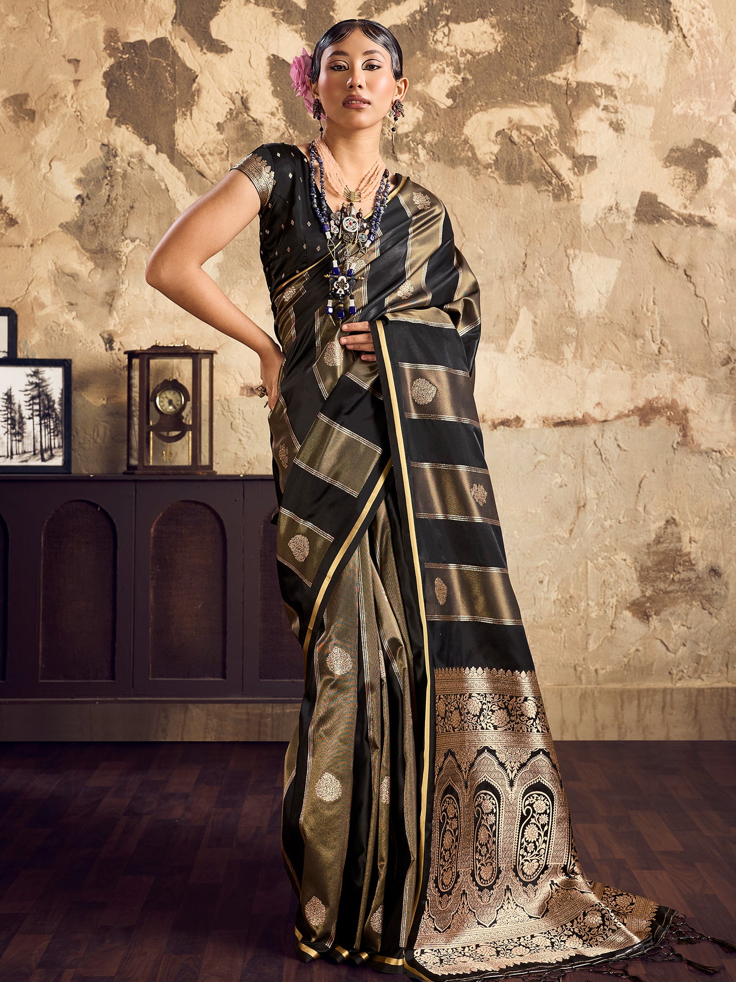 Women's Satin Black Woven Design Designer Saree With Blouse Piece