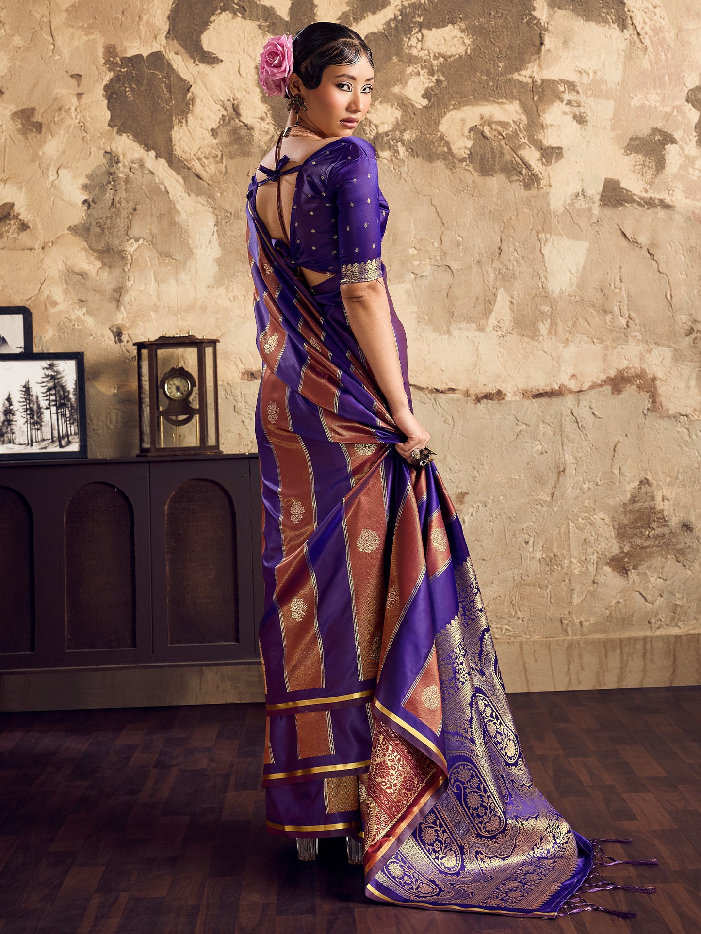 Women's Satin Purple Woven Design Designer Saree With Blouse Piece