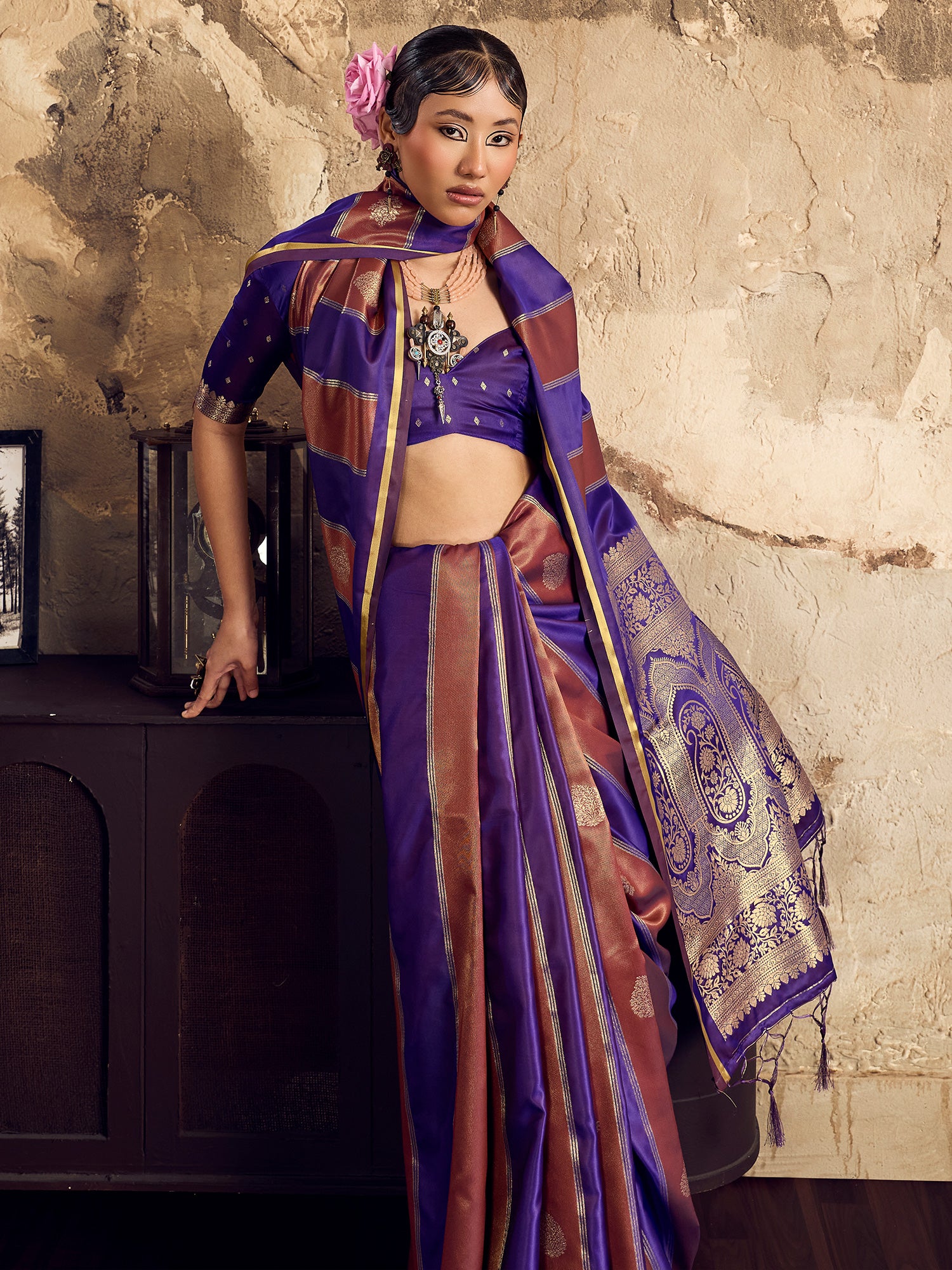 Women's Satin Purple Woven Design Designer Saree With Blouse Piece